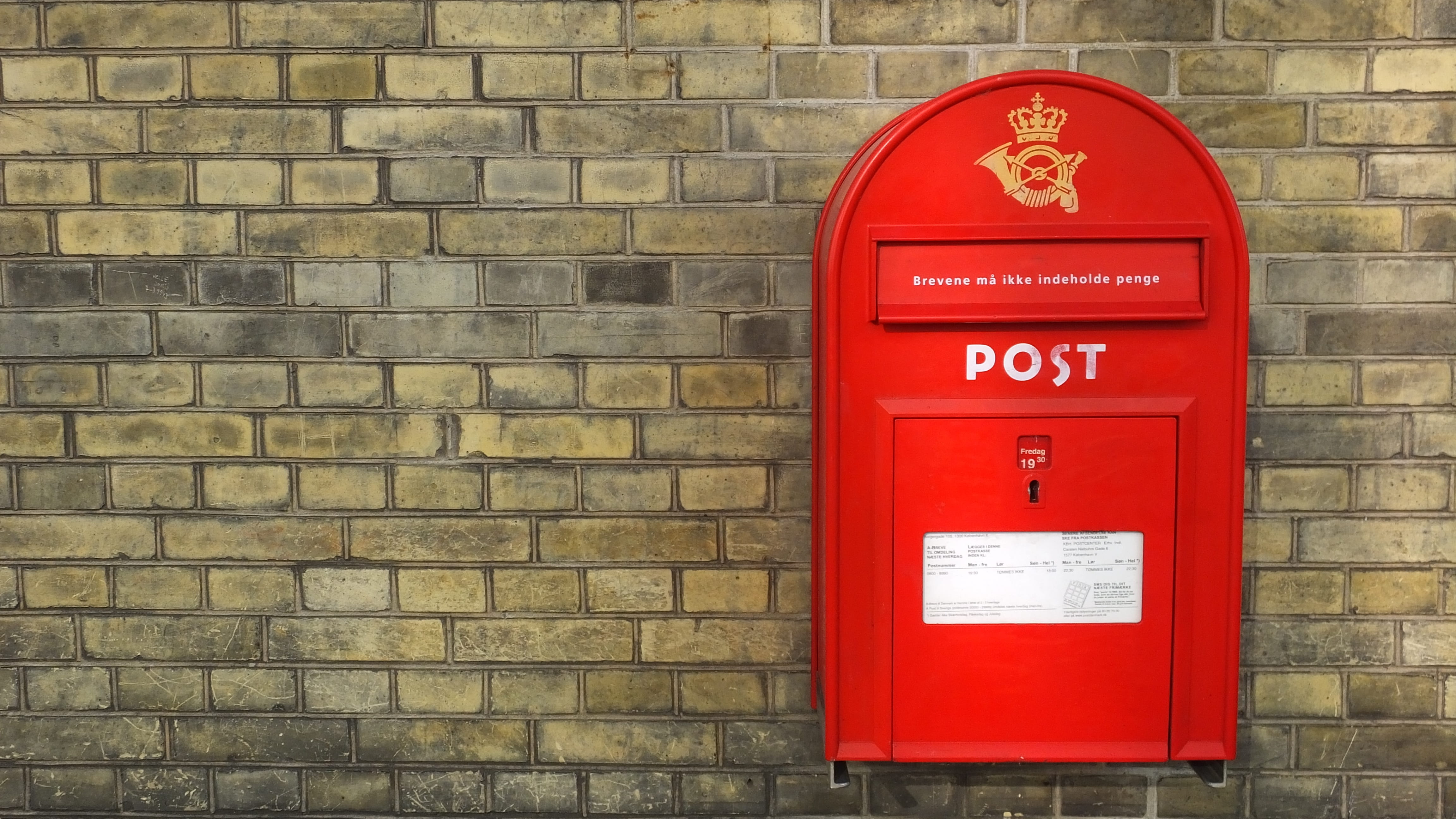Communication, Opening, Distance, red, brick wall, mail, public mailbox
