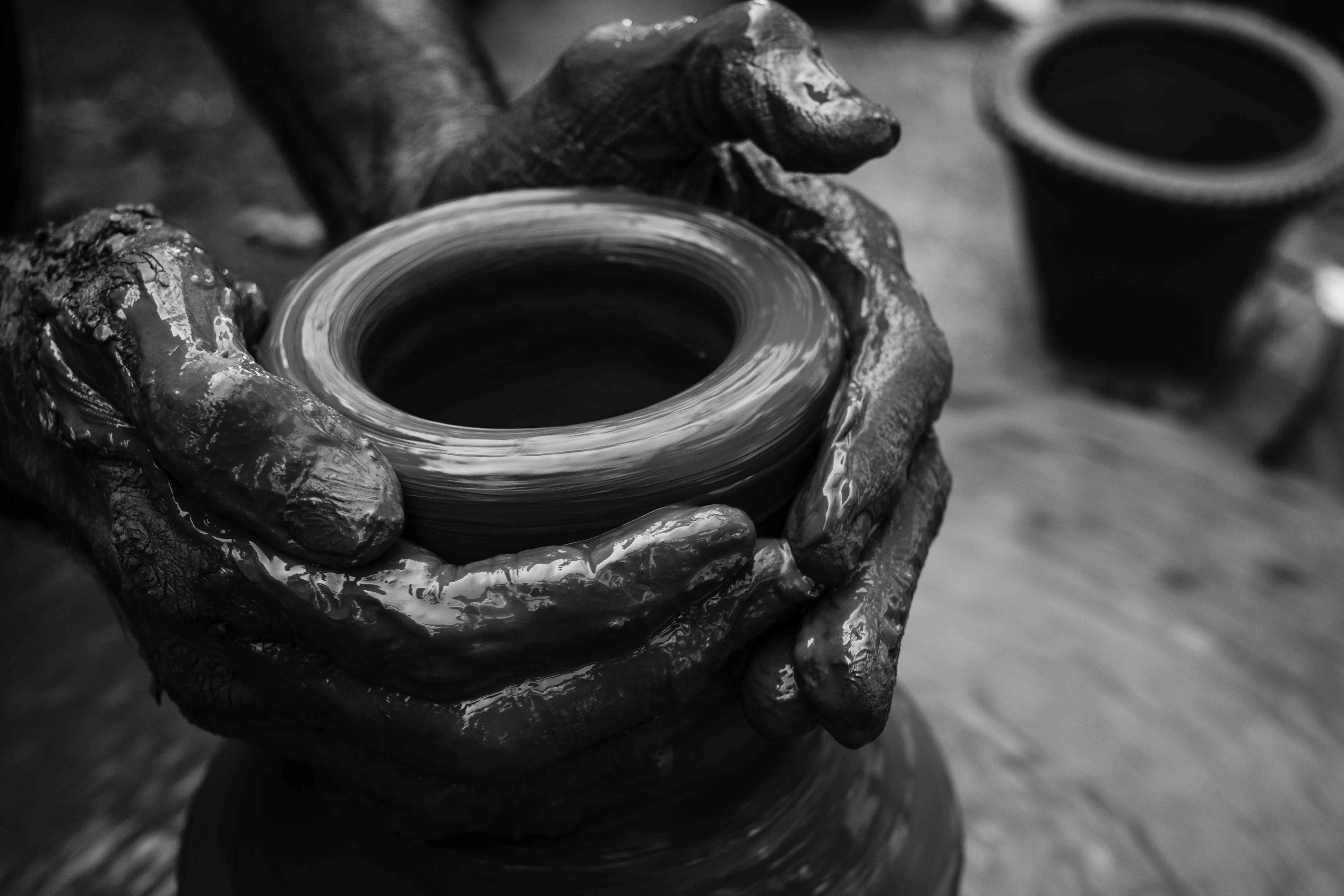 grayscale photo of person molding vase, pottery, clay, art, craftsman