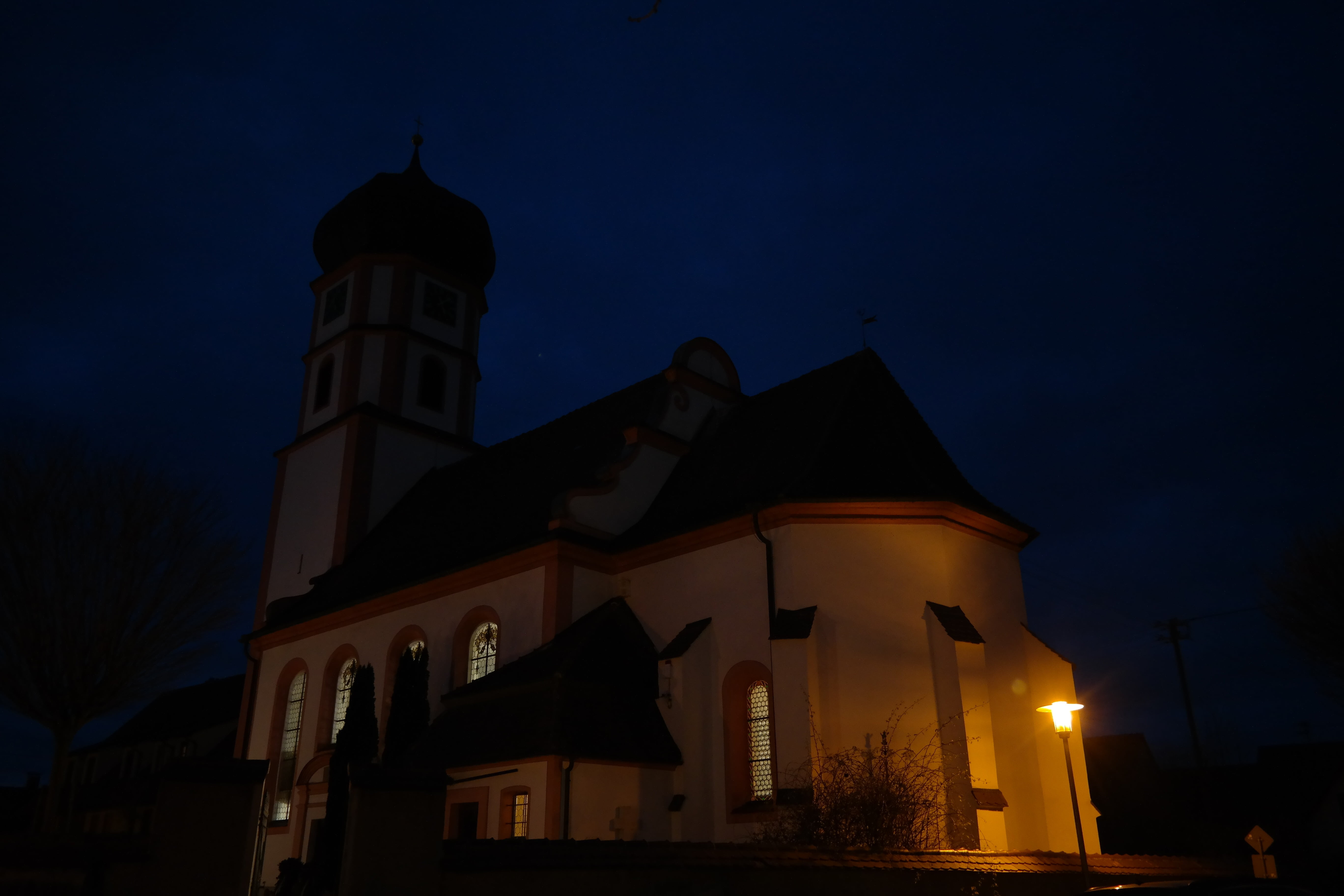 church, steeple, at night, illuminated, evangelical parish