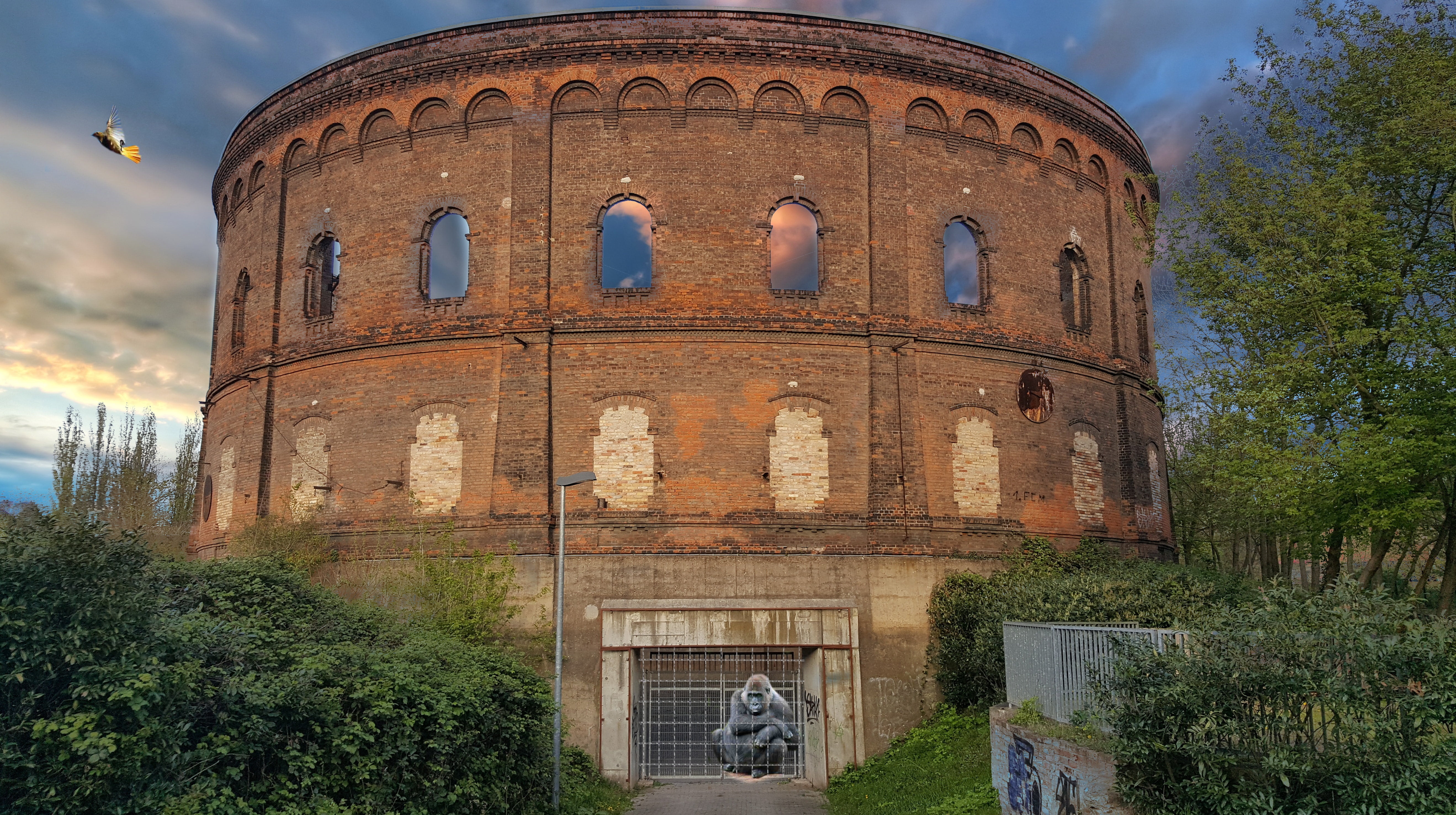 prison, gasometer, monkey, architecture, built structure, tree