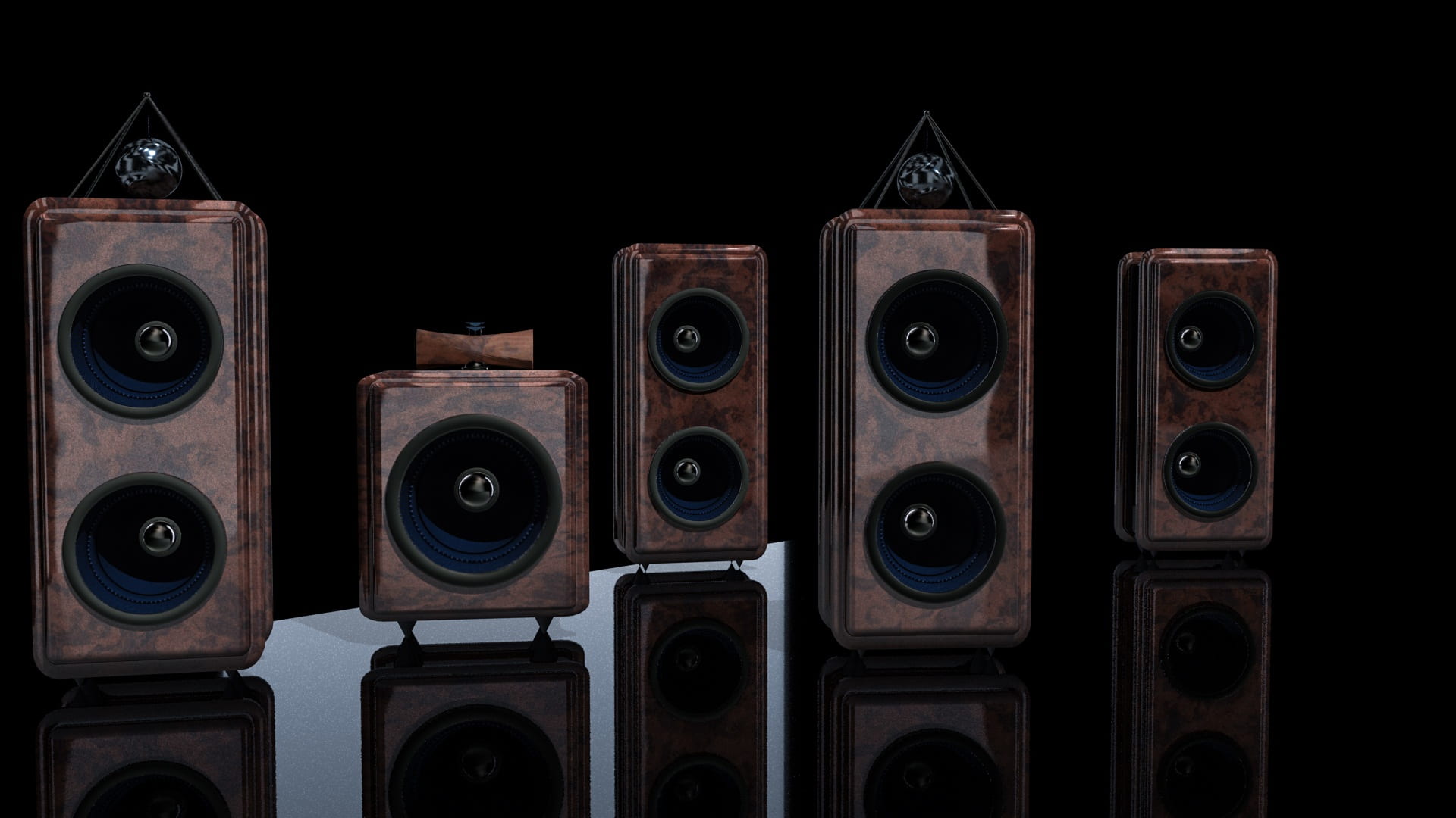 five brown speakers, box, hifi, surround boxes, music, rendering