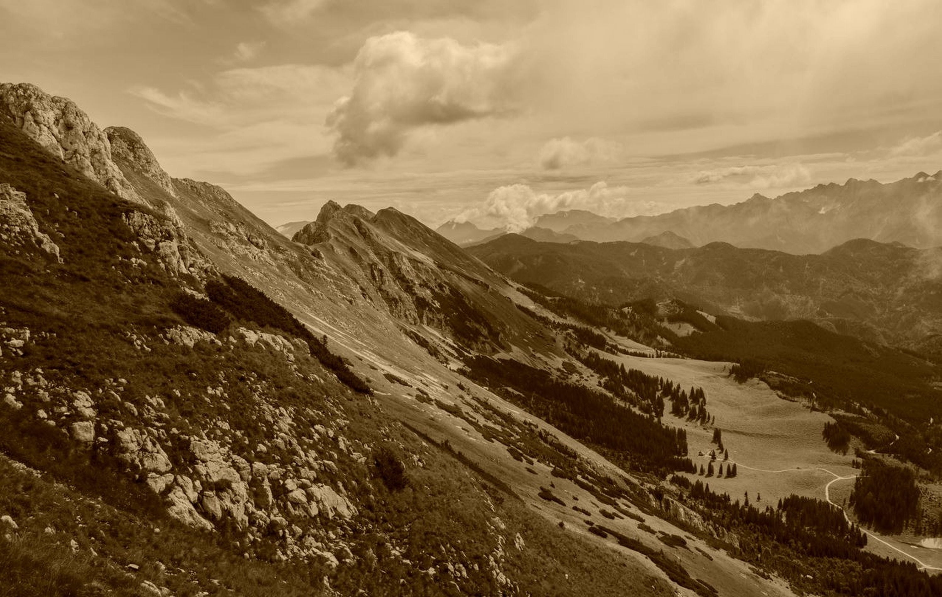 mountain, mountain range, sepia image, clouds, sky, valley