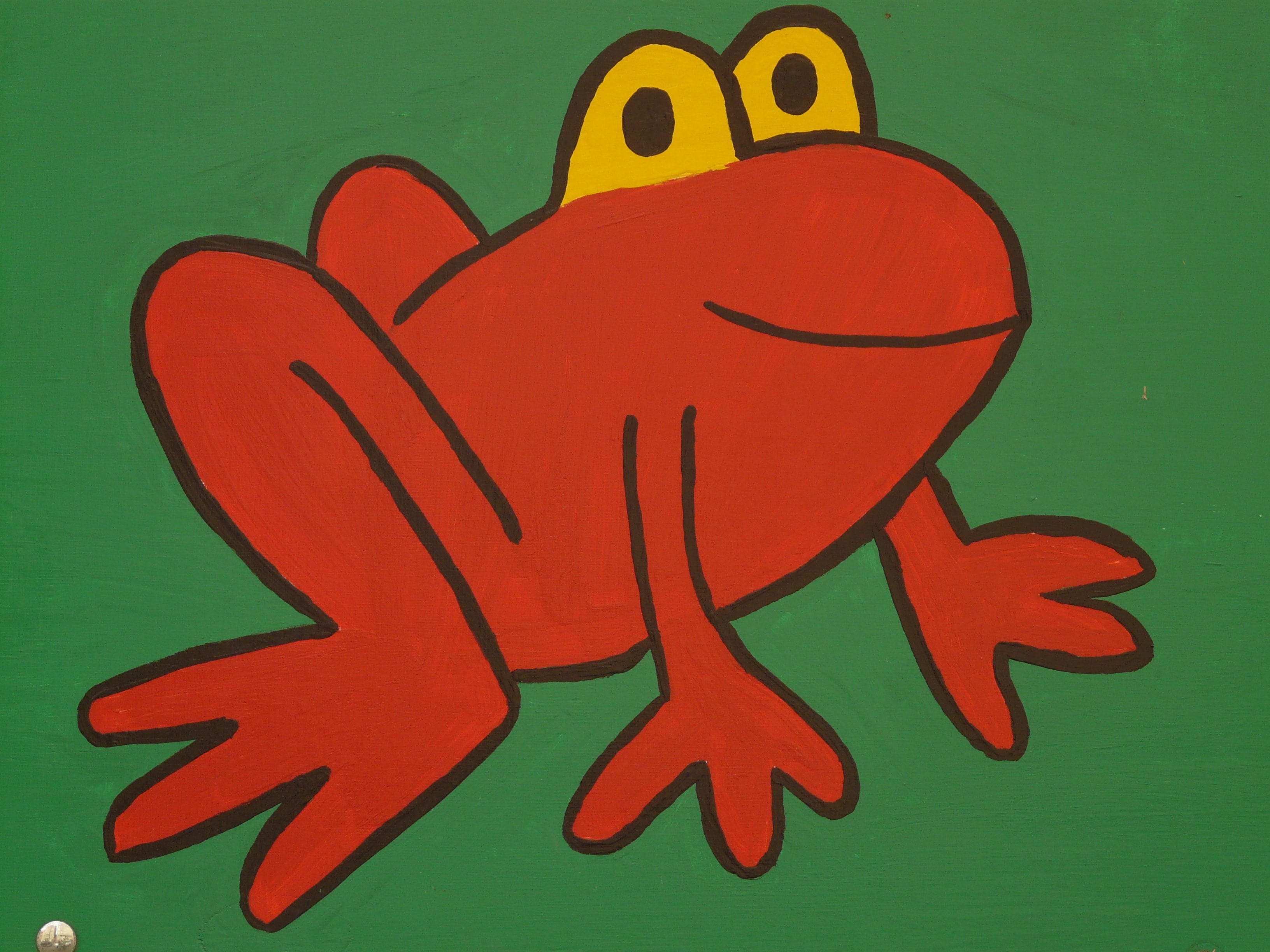red frog drawing on green canvas, cartoon character, funny, image