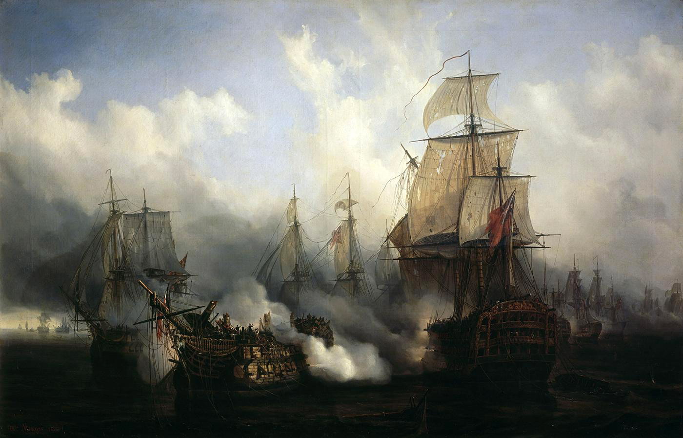 British HMS Sandwich fires to the French flagship Bucentaure at the Battle of Trafalgar