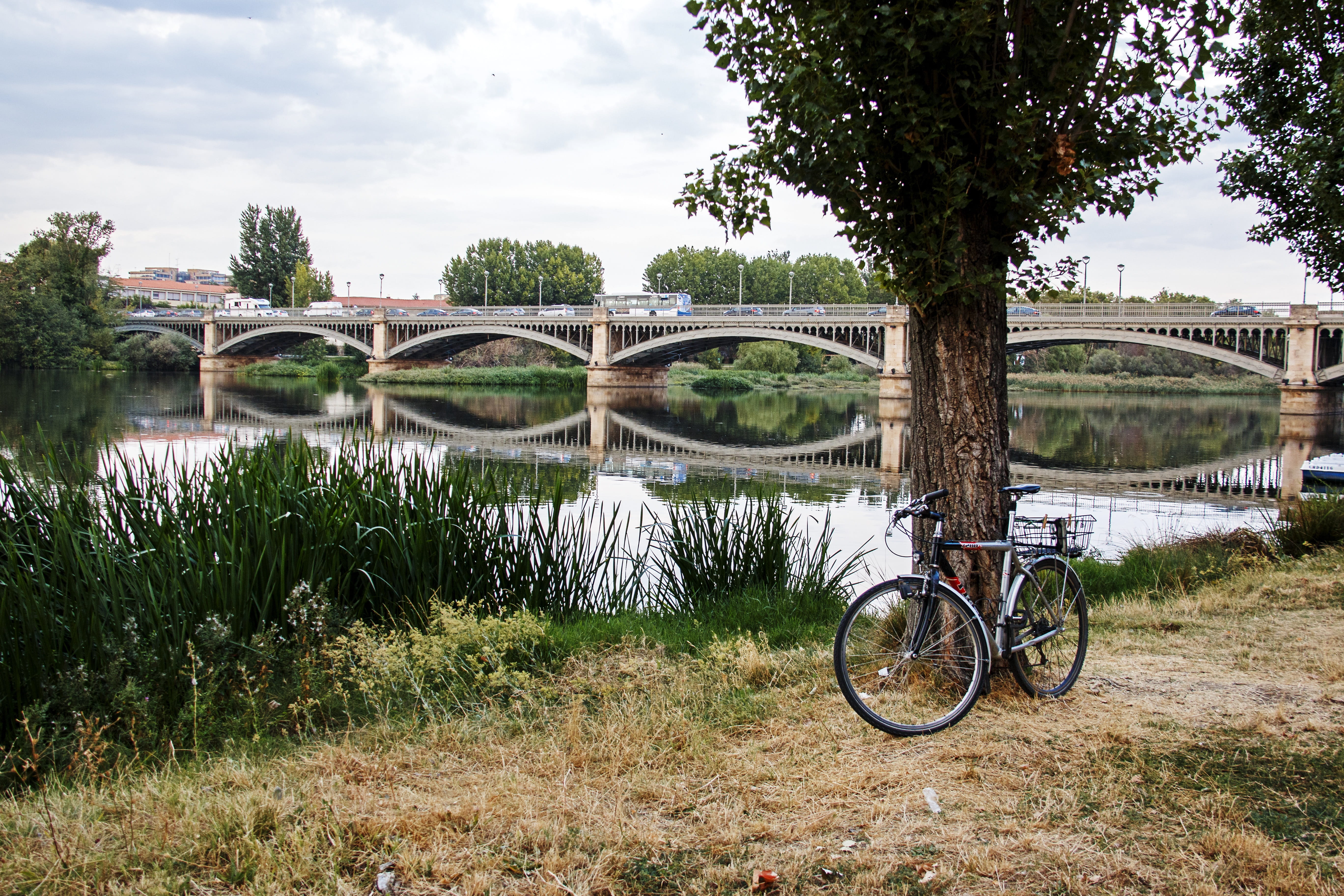 bridge, river, reflection, bicycle, waters, landscape, romantic