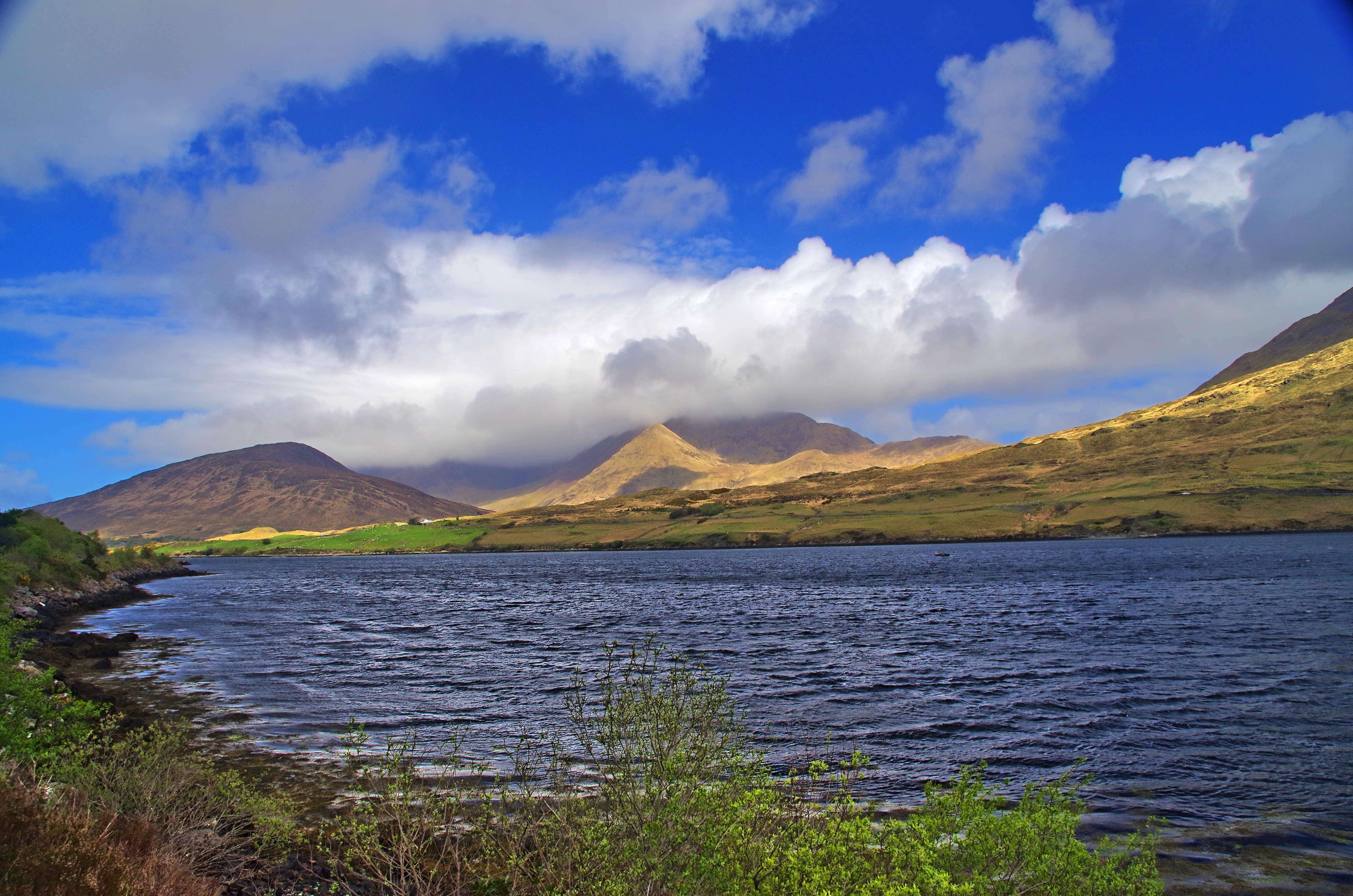 ireland, connemara, galway, mountains, water, sky, clouds, holiday