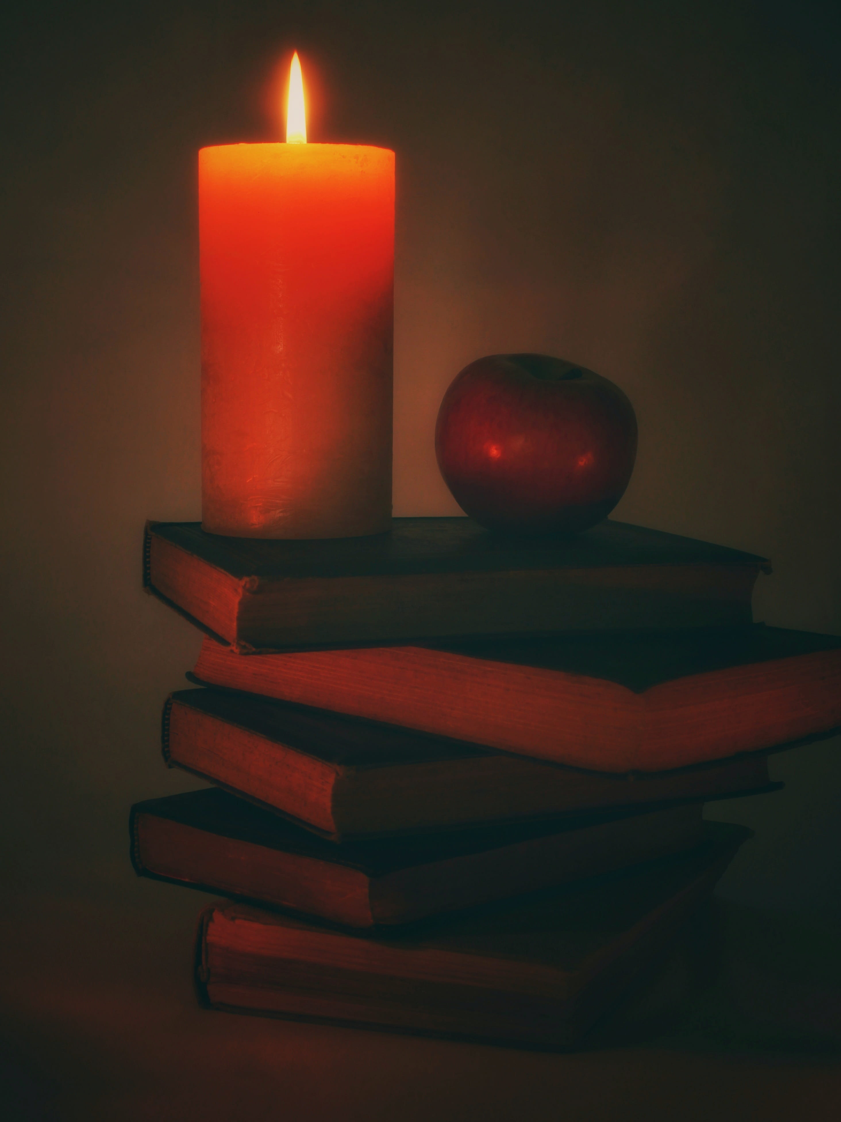 candle, book stack, books, read, apple, still life, bright