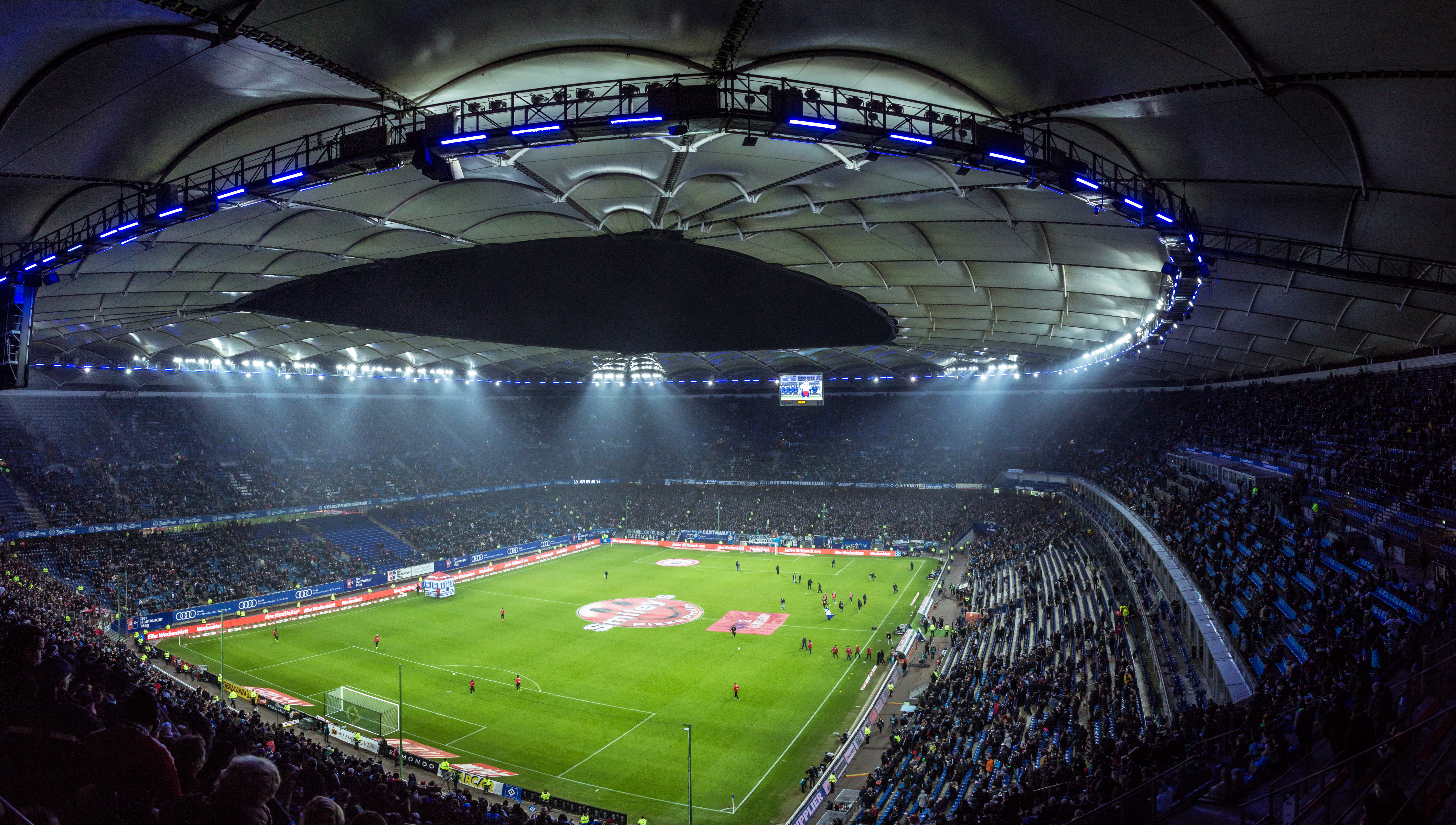 high angel photography of football stadium, soccer stadium, night