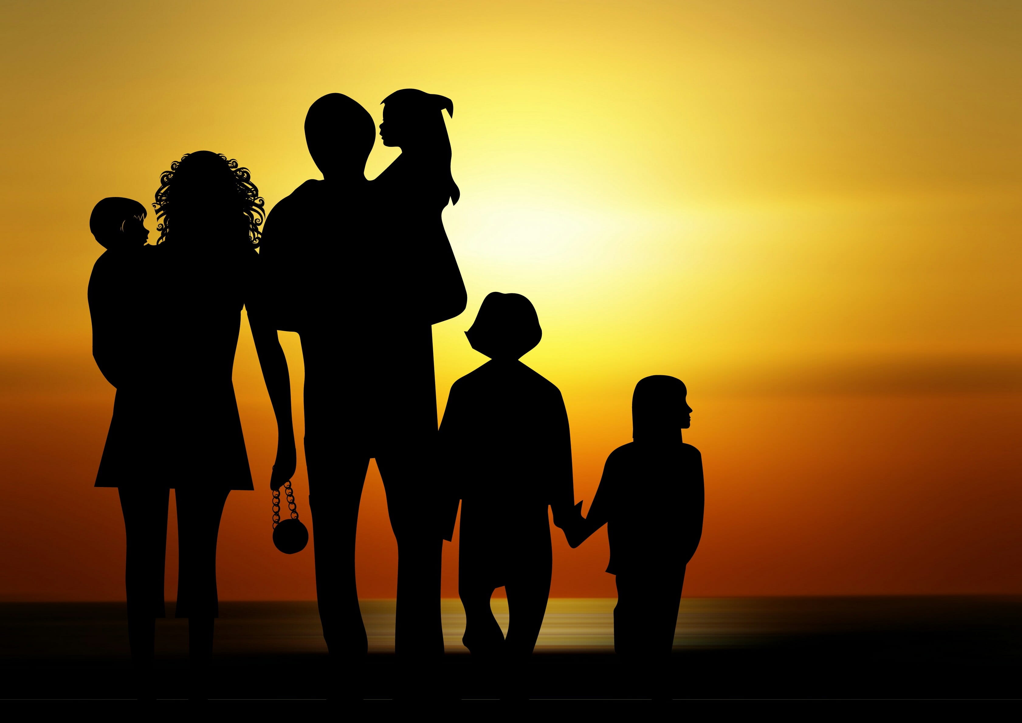 silhouette photo of family during sunrise, shadow, sunset, children