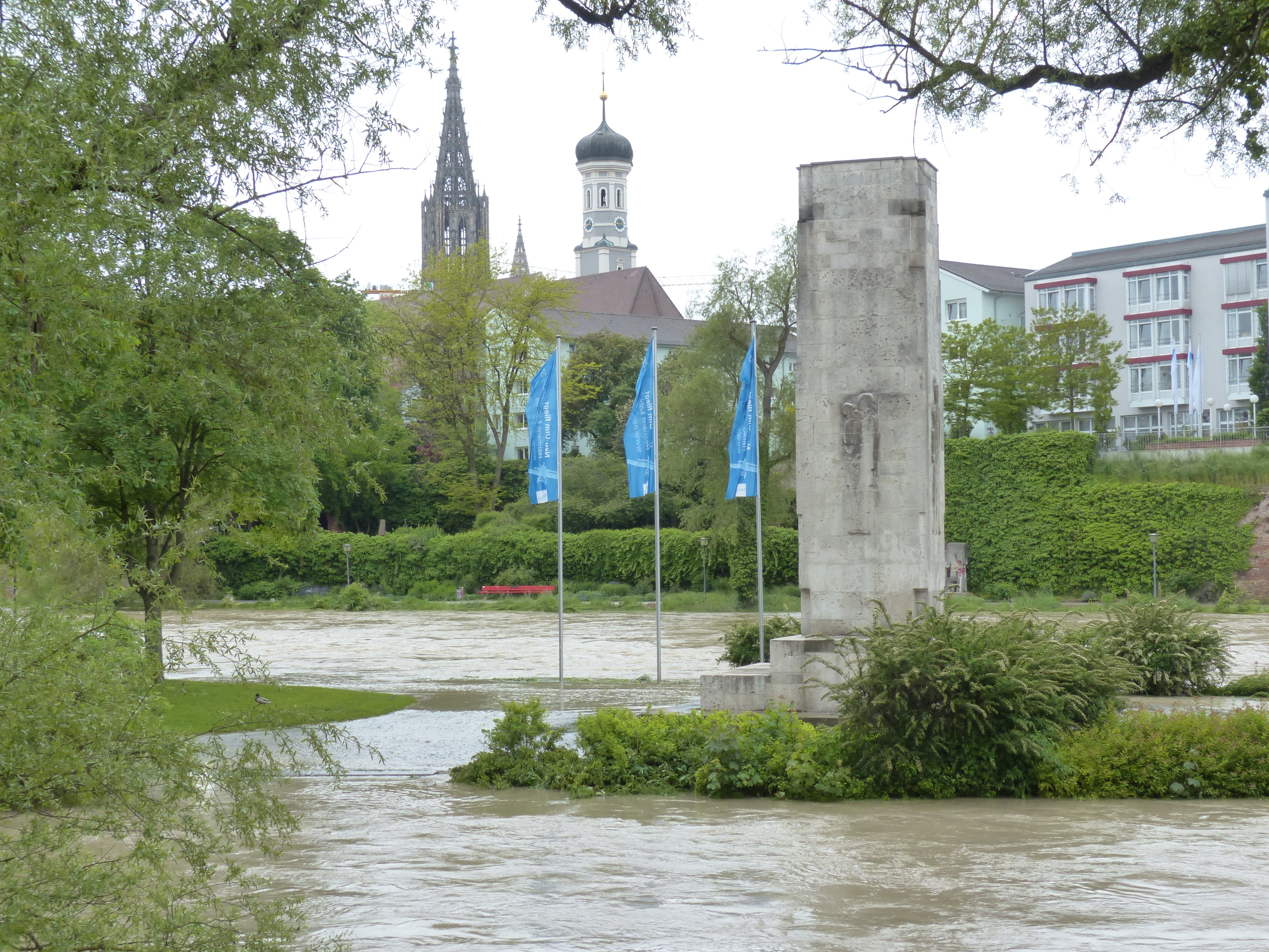 high water, danube, flooded, ulm, plural, ulm cathedral, rainy weather
