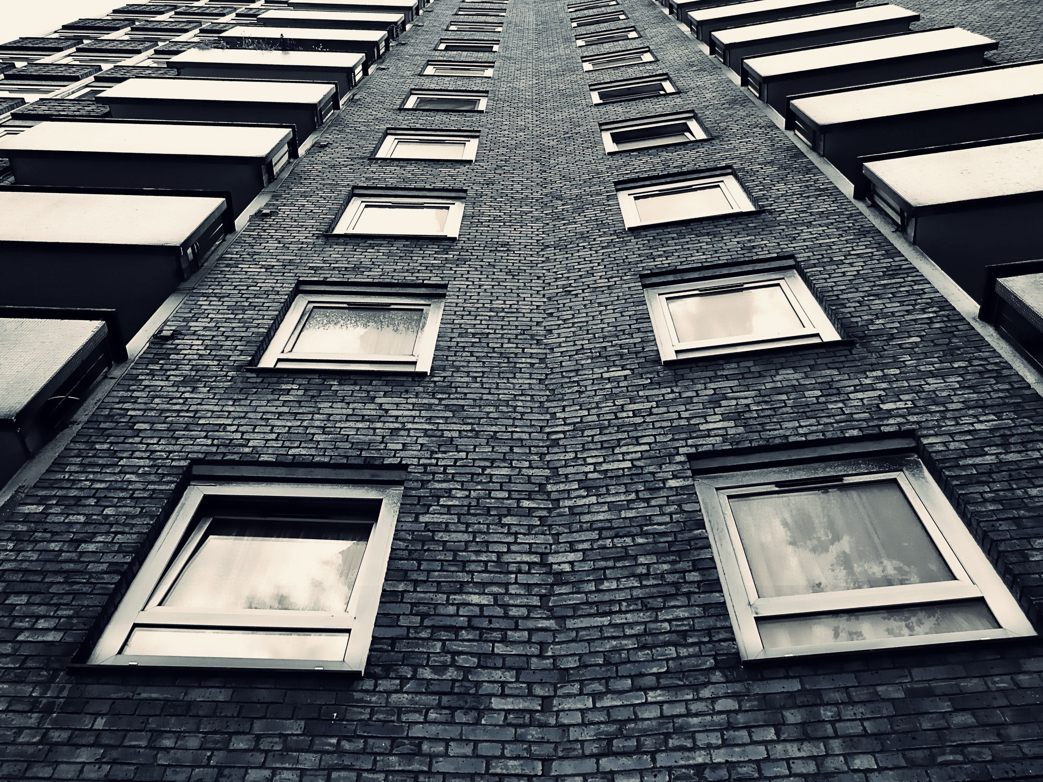black-and-white, building, bricks, architecture, brick wall, low angle shot