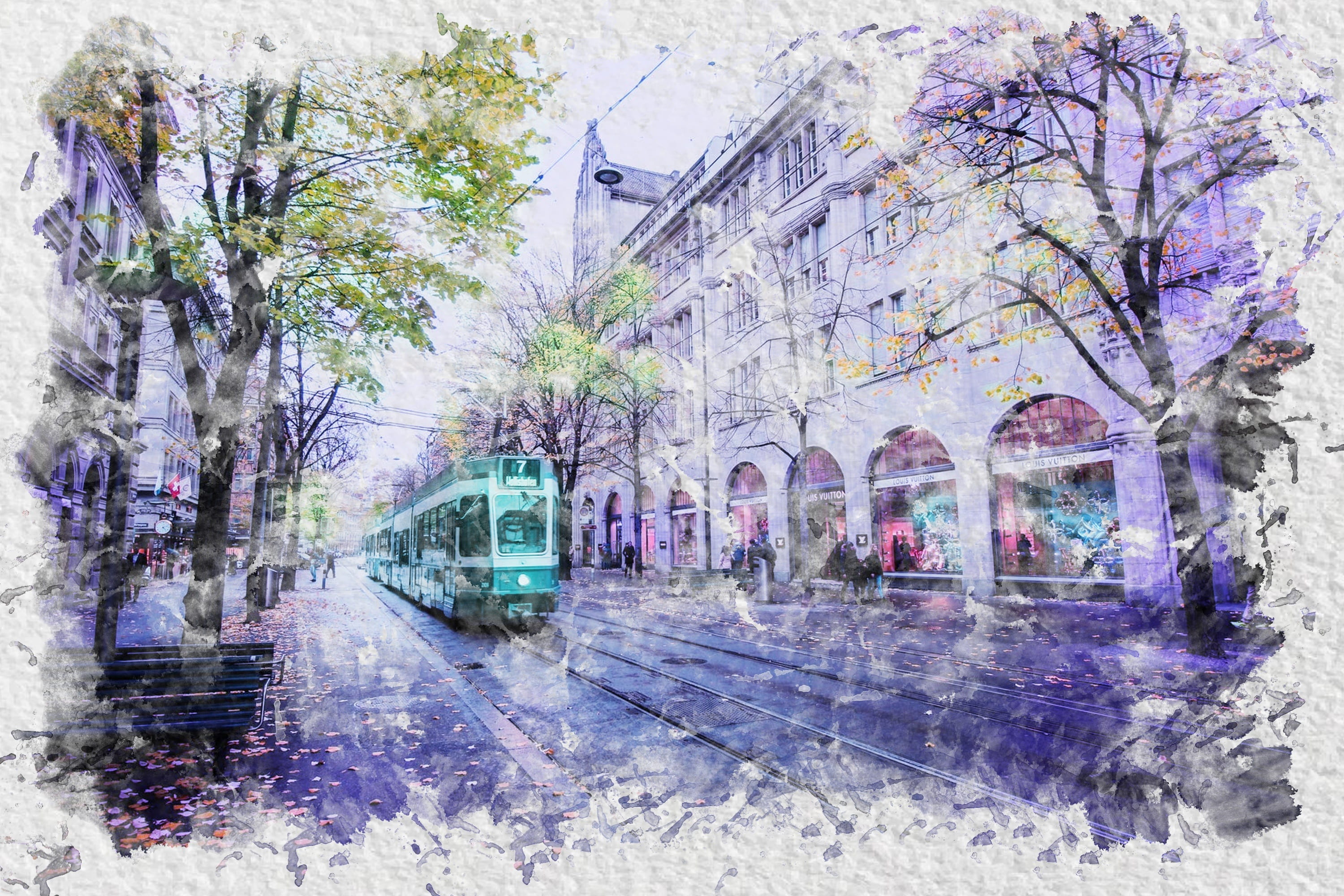 painting of city tram on street, watercolor, building, architecture