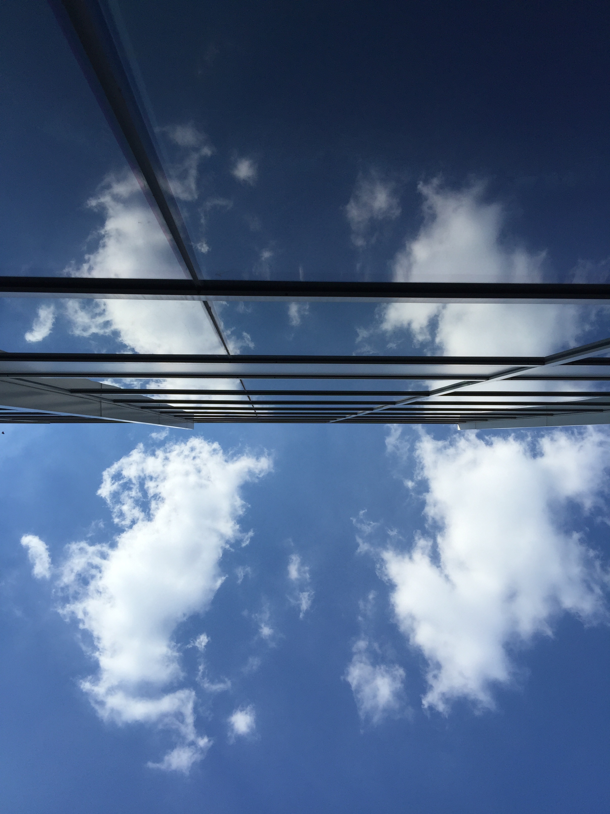 reflection, building, clouds, cloud - sky, low angle view, blue