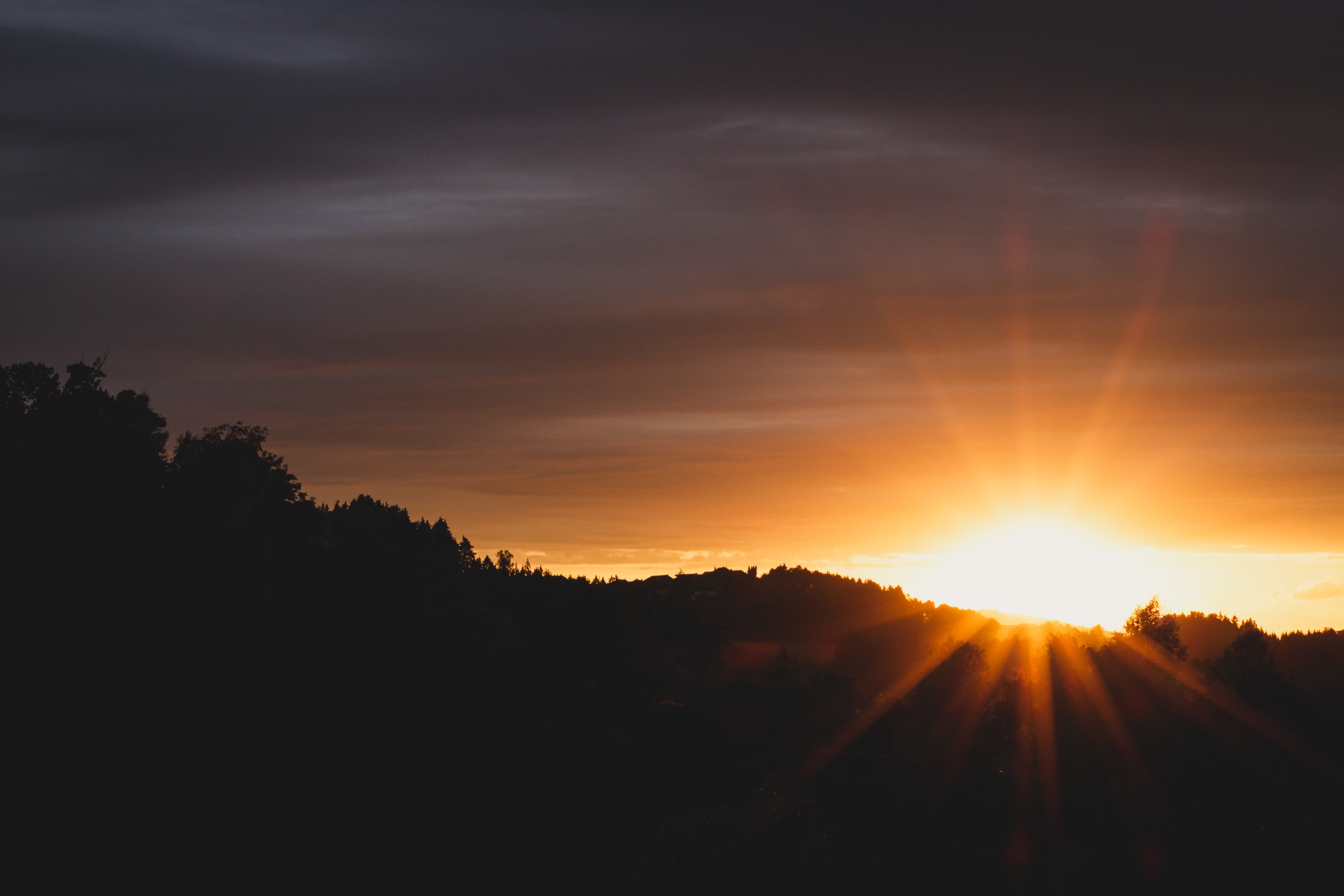 sunset, dusk, sky, clouds, silhouette, shadows, trees, mountains