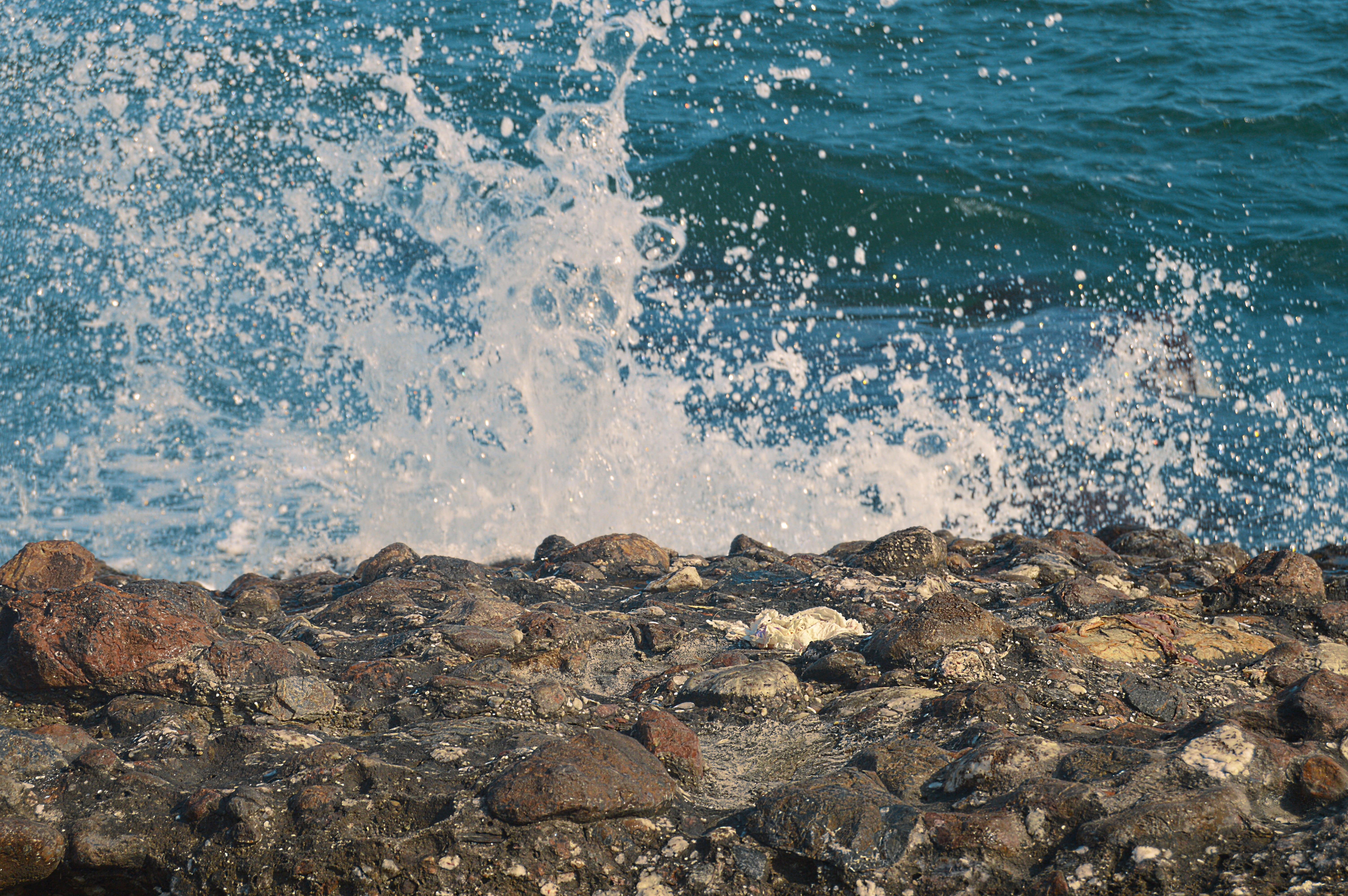 sea, wave, rocks, foam, splash, blue, spain, water, solid, rock - object