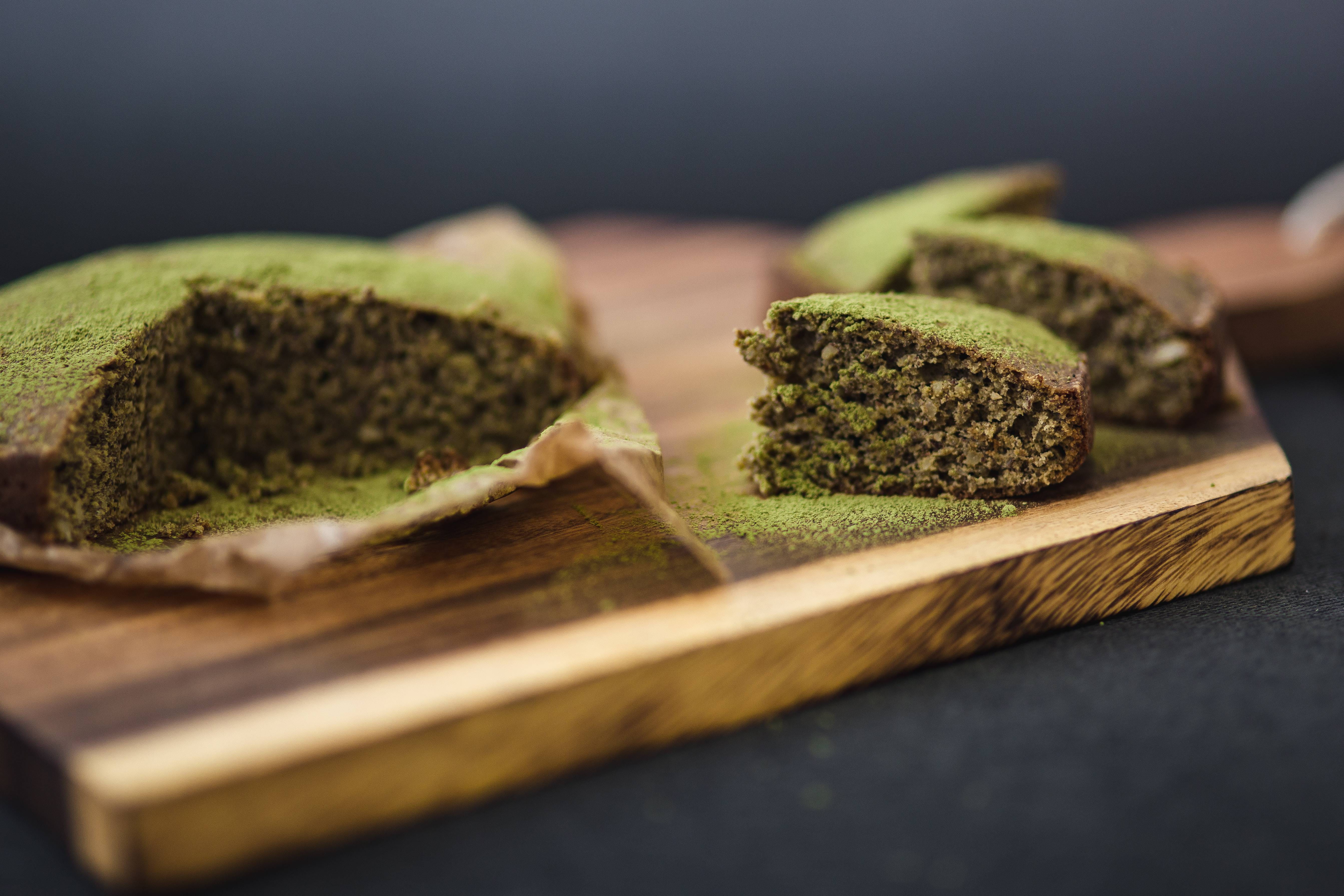 Delicious homemade matcha cake on a wooden board, gluten, baking