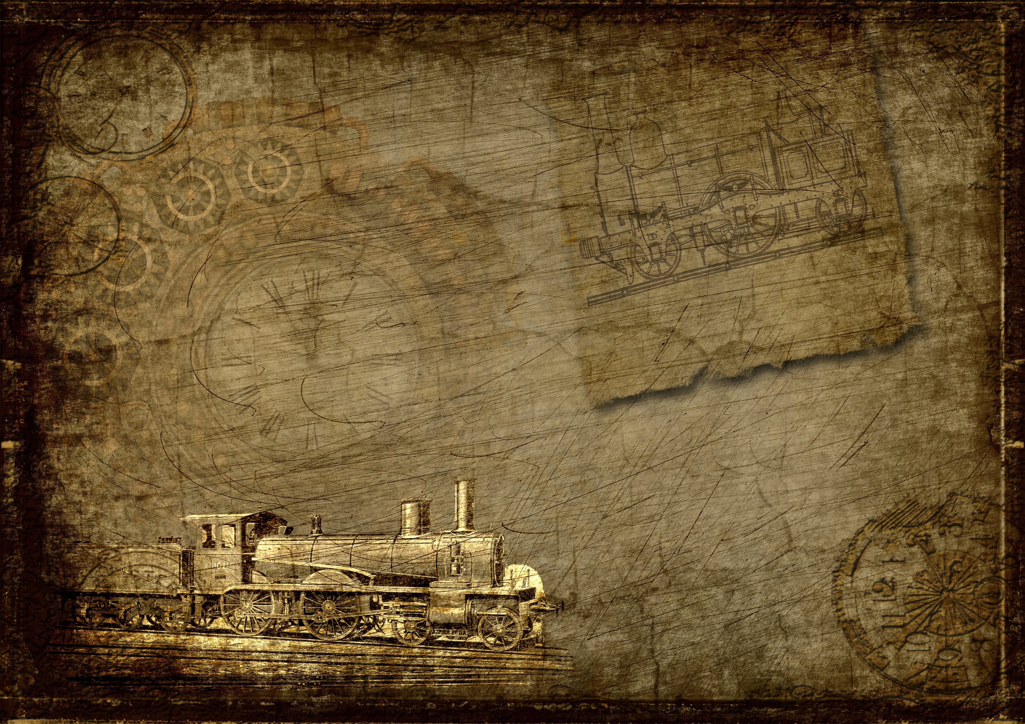 brown train painting, locomotive, clock, steampunk, industry