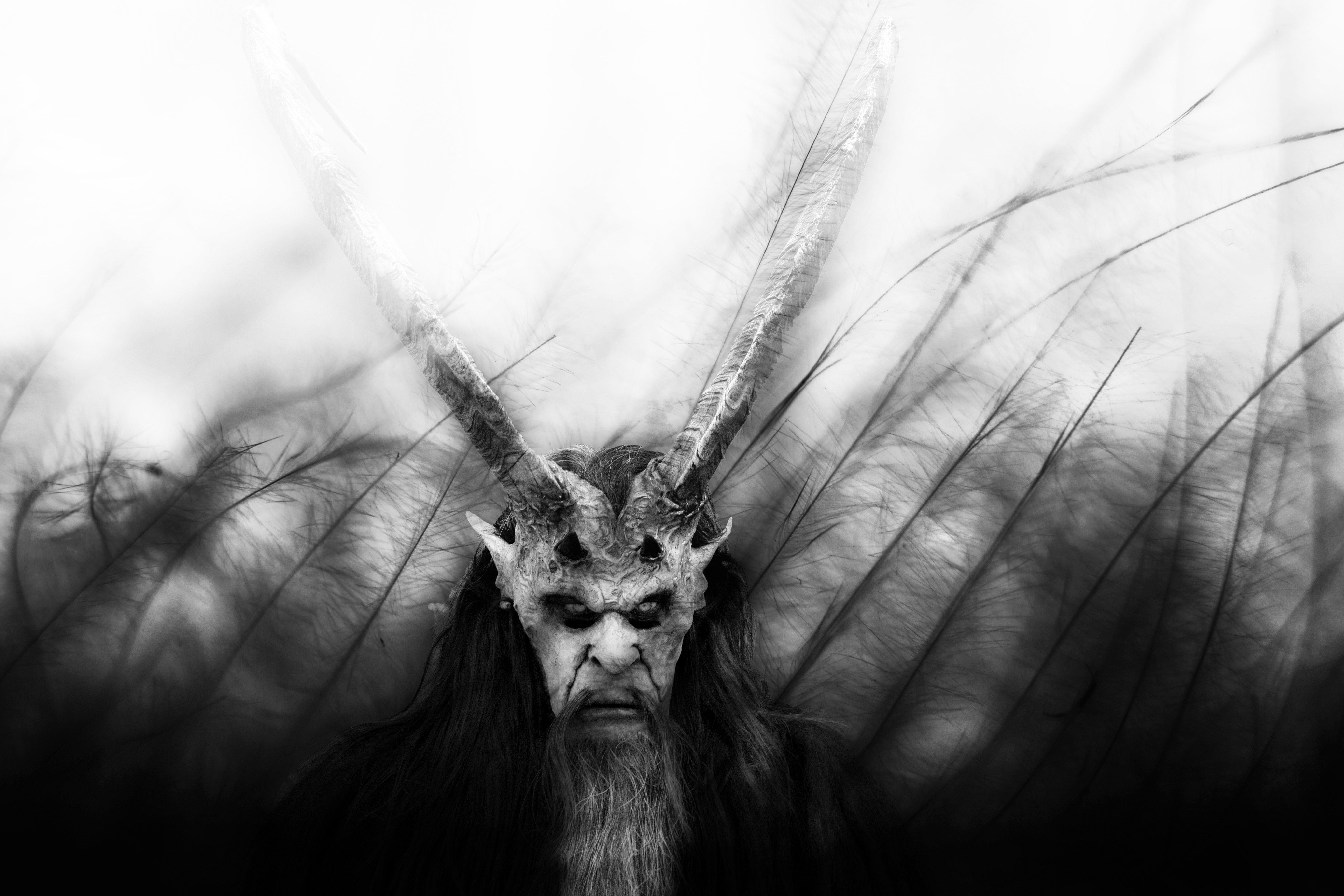 grayscale photo of demon, scary man, beast, mask, monster, dark