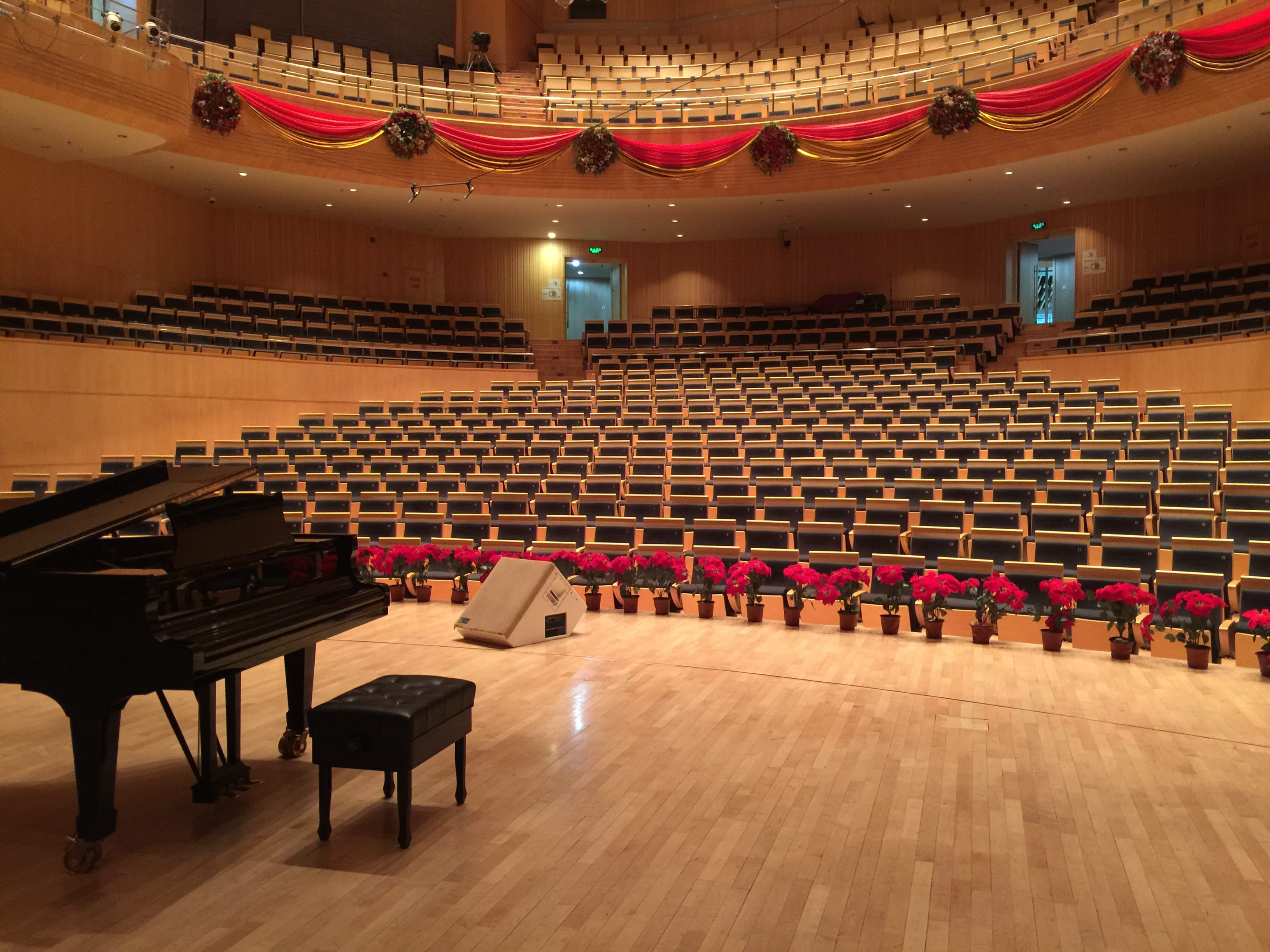 black grand piano on beige parquet stage, Steinway, stage - Performance Space