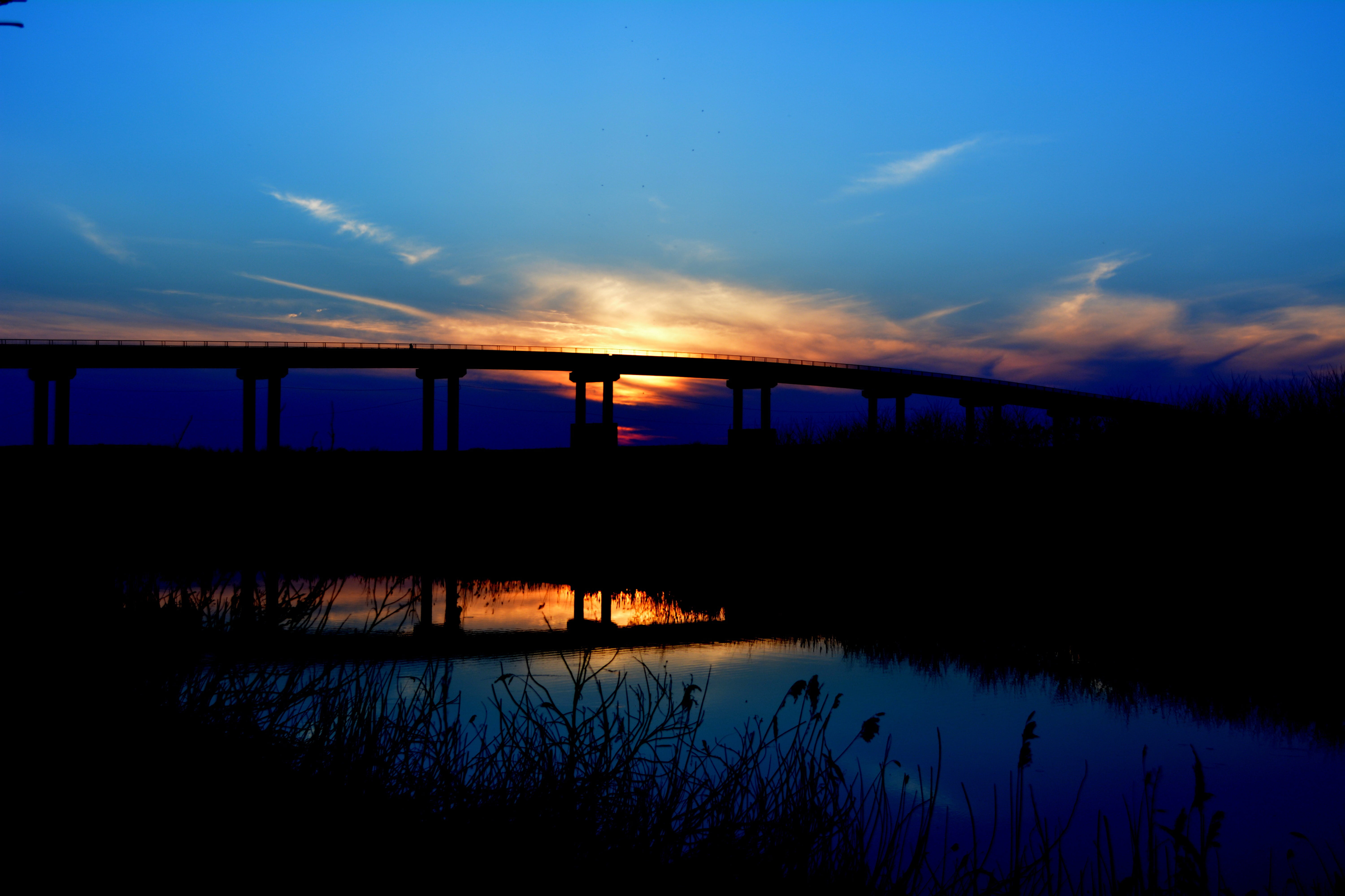 bridge, sunset, water, shadow, in the evening, red, cloud, sky