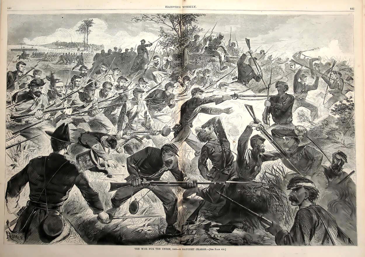 Union forces performing a bayonet charge, 1862 during a battle