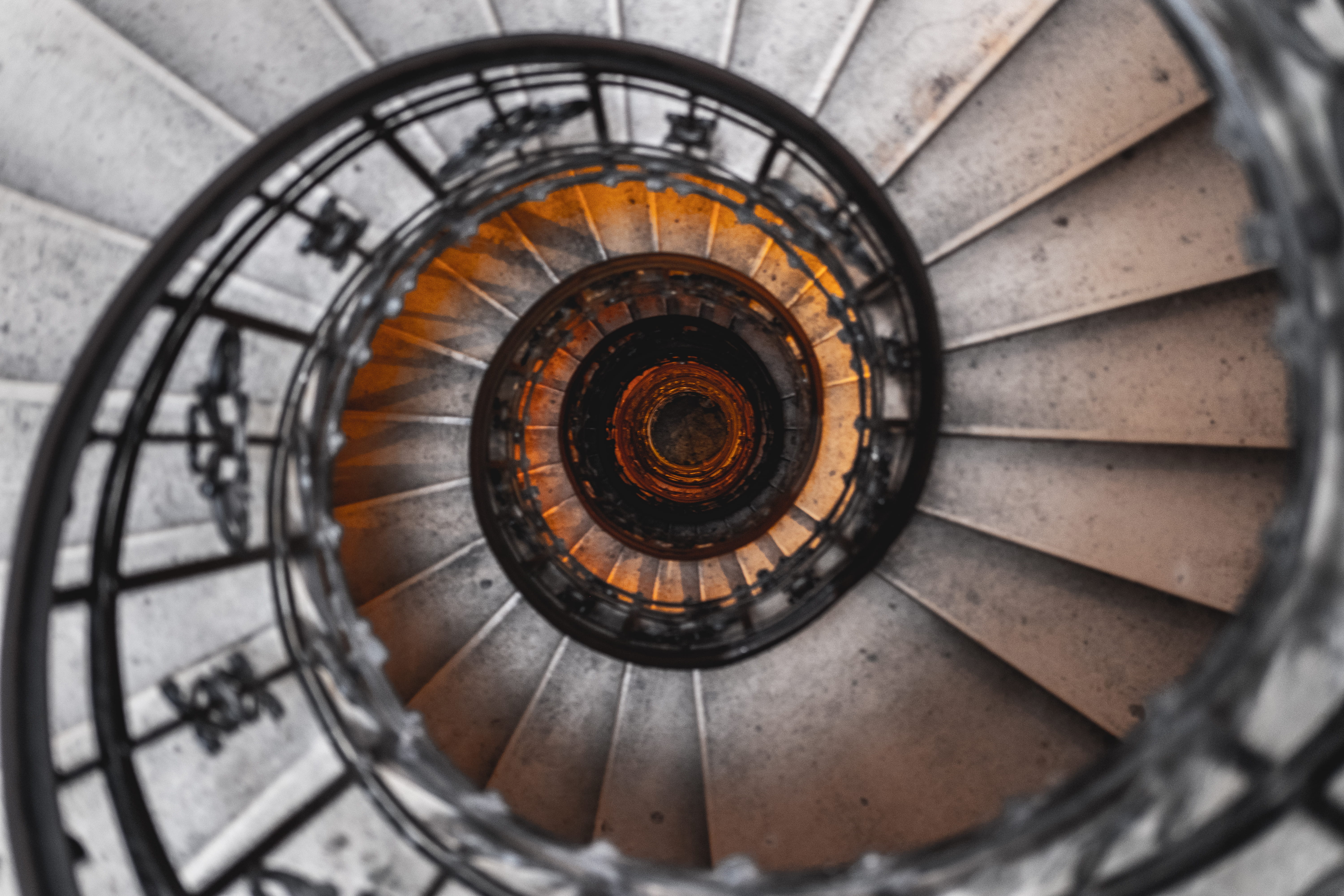 Stairway from heaven to hell, aerial photography of spiral staircase