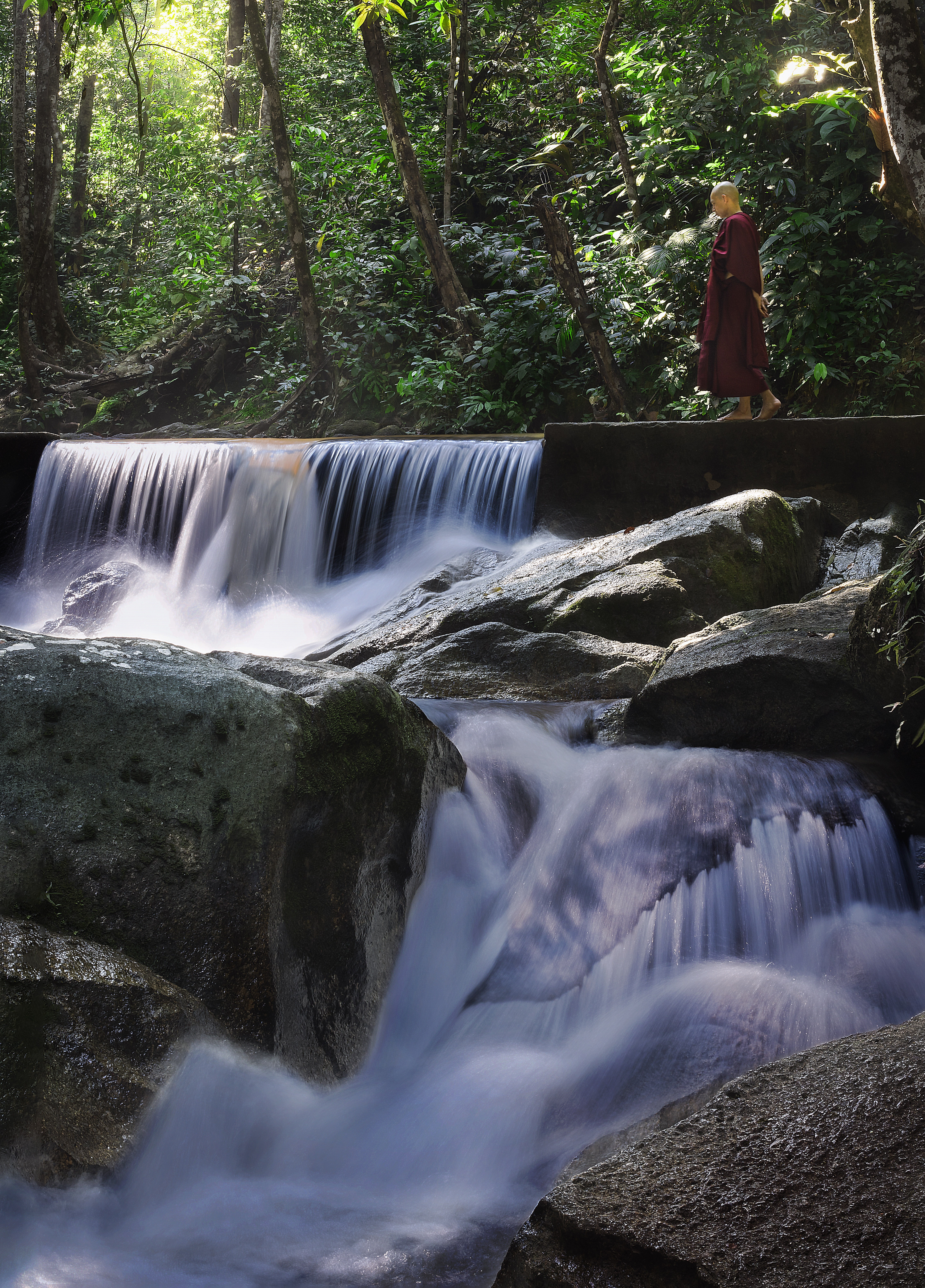 theravada buddhism, walking meditation, monk, nature, waterfall