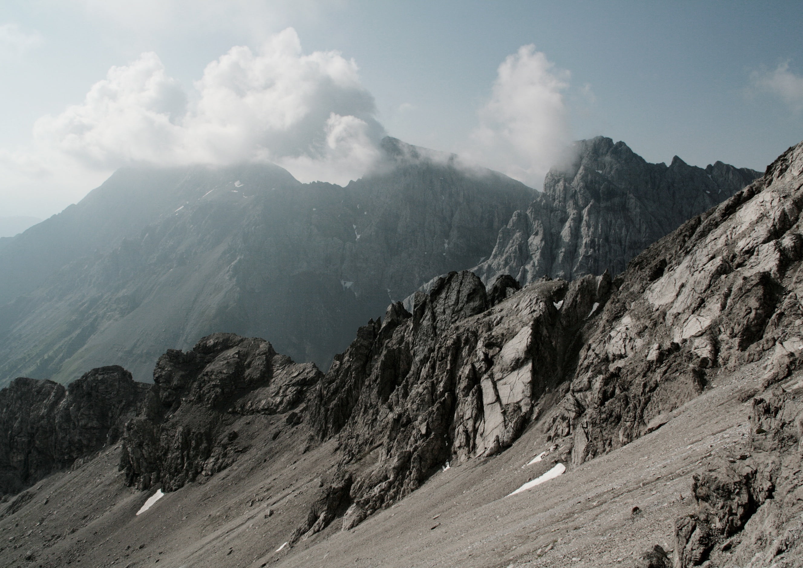 alpine, mountains, clouds, rock, mountain range, sky, landscape