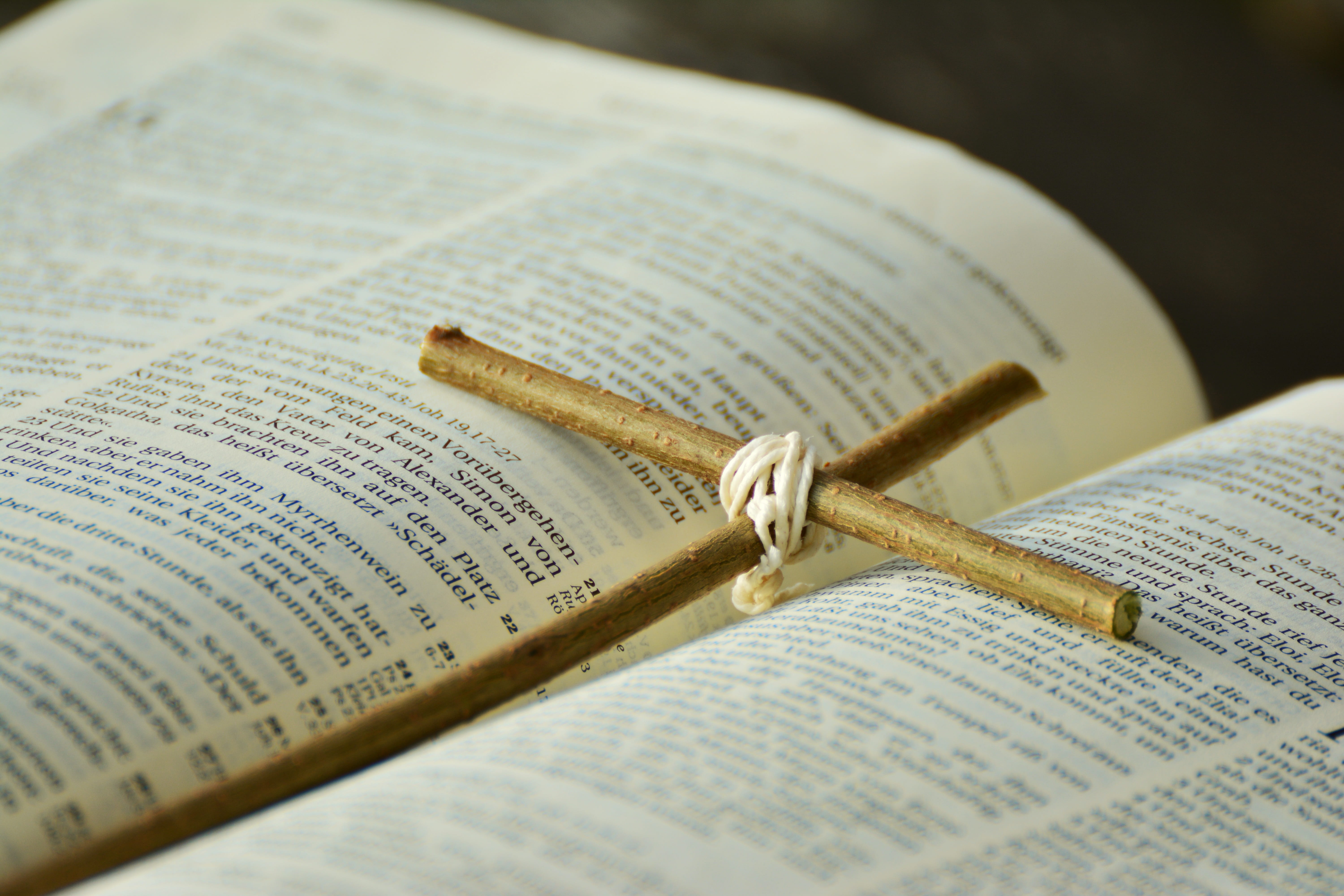 brown twig cross in between book pages, bible, easter, good friday