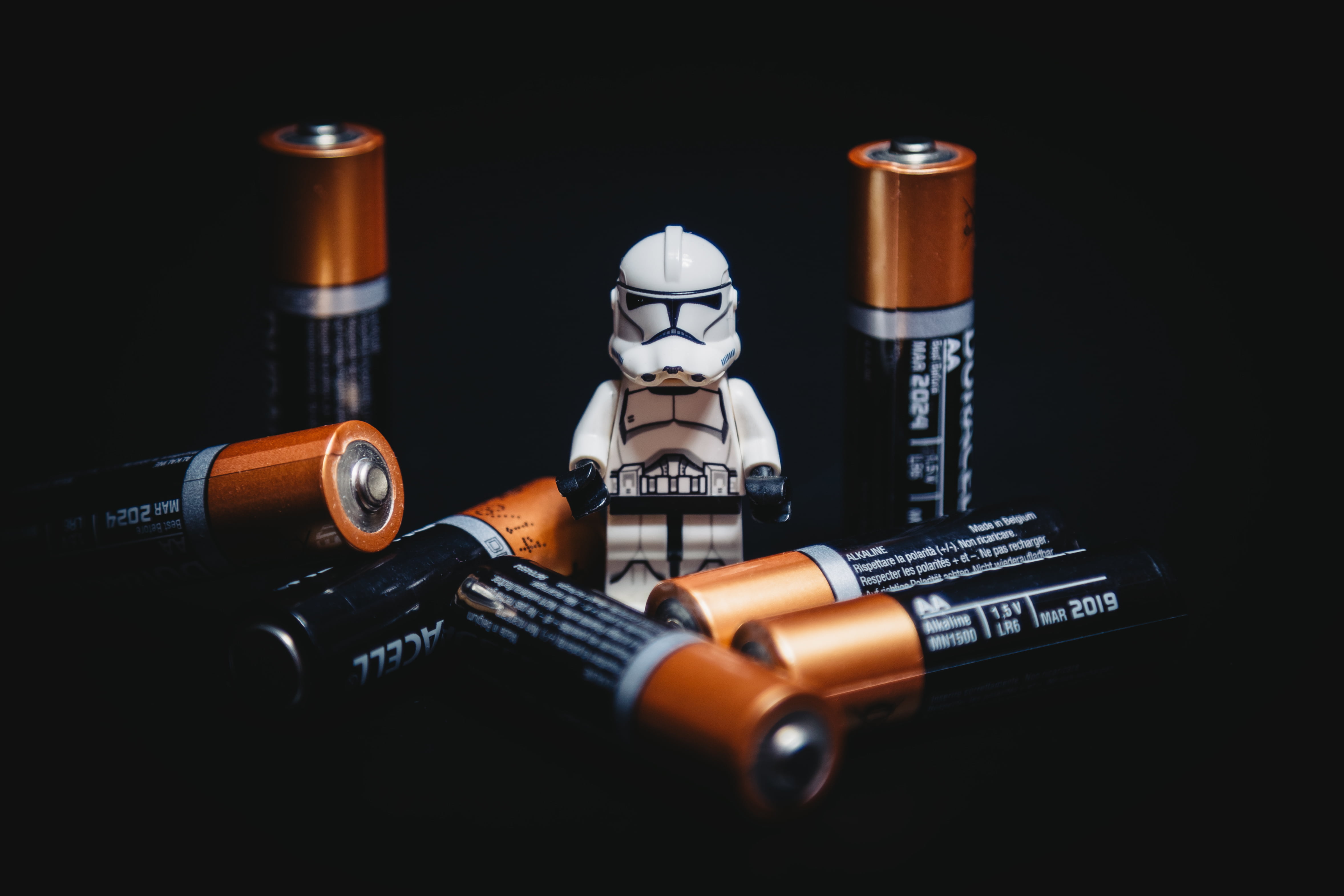 Star Wars Lego minifigure surrounded by batteries, shallow, focus