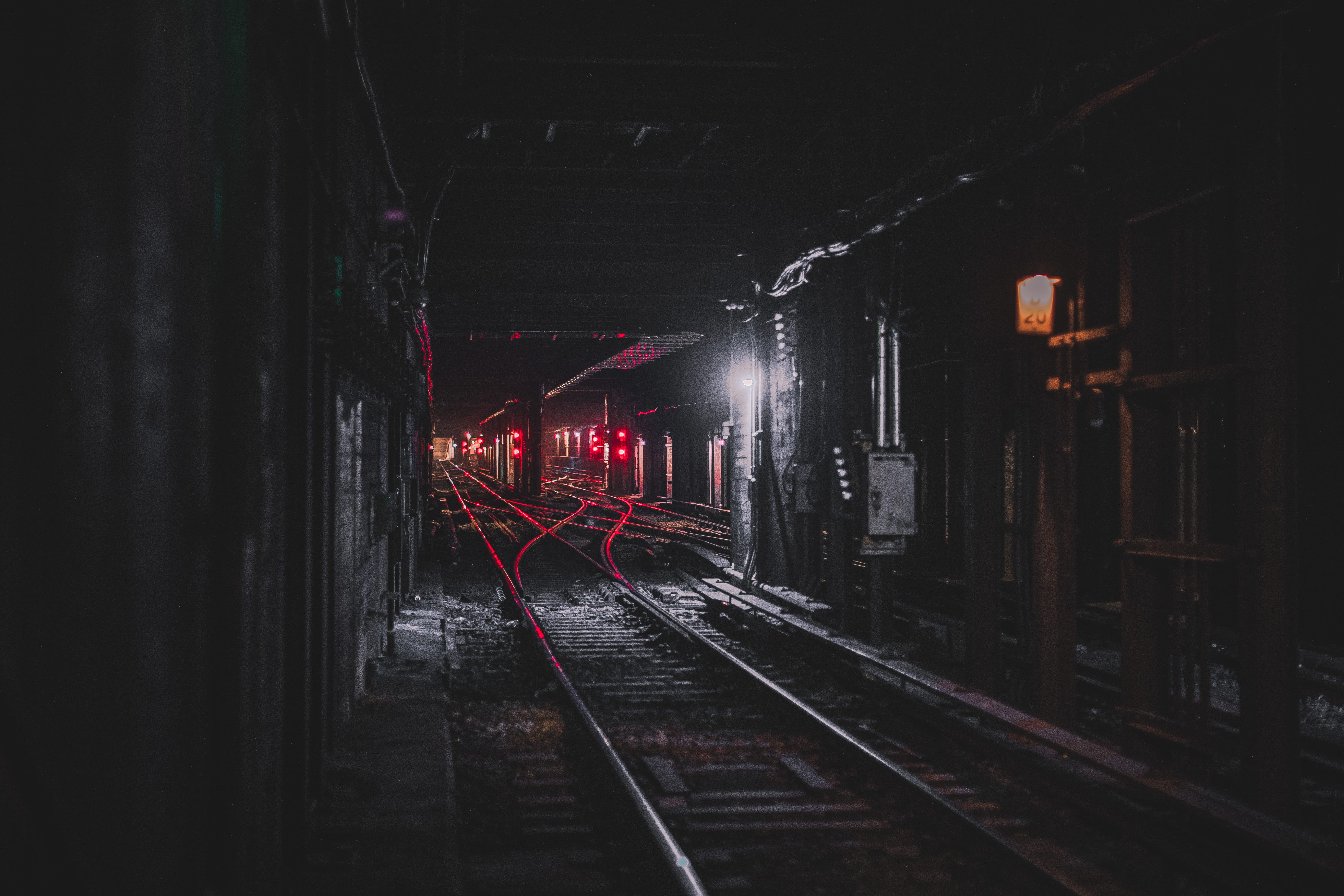 photography of railroad during nighttime, photography of railroad