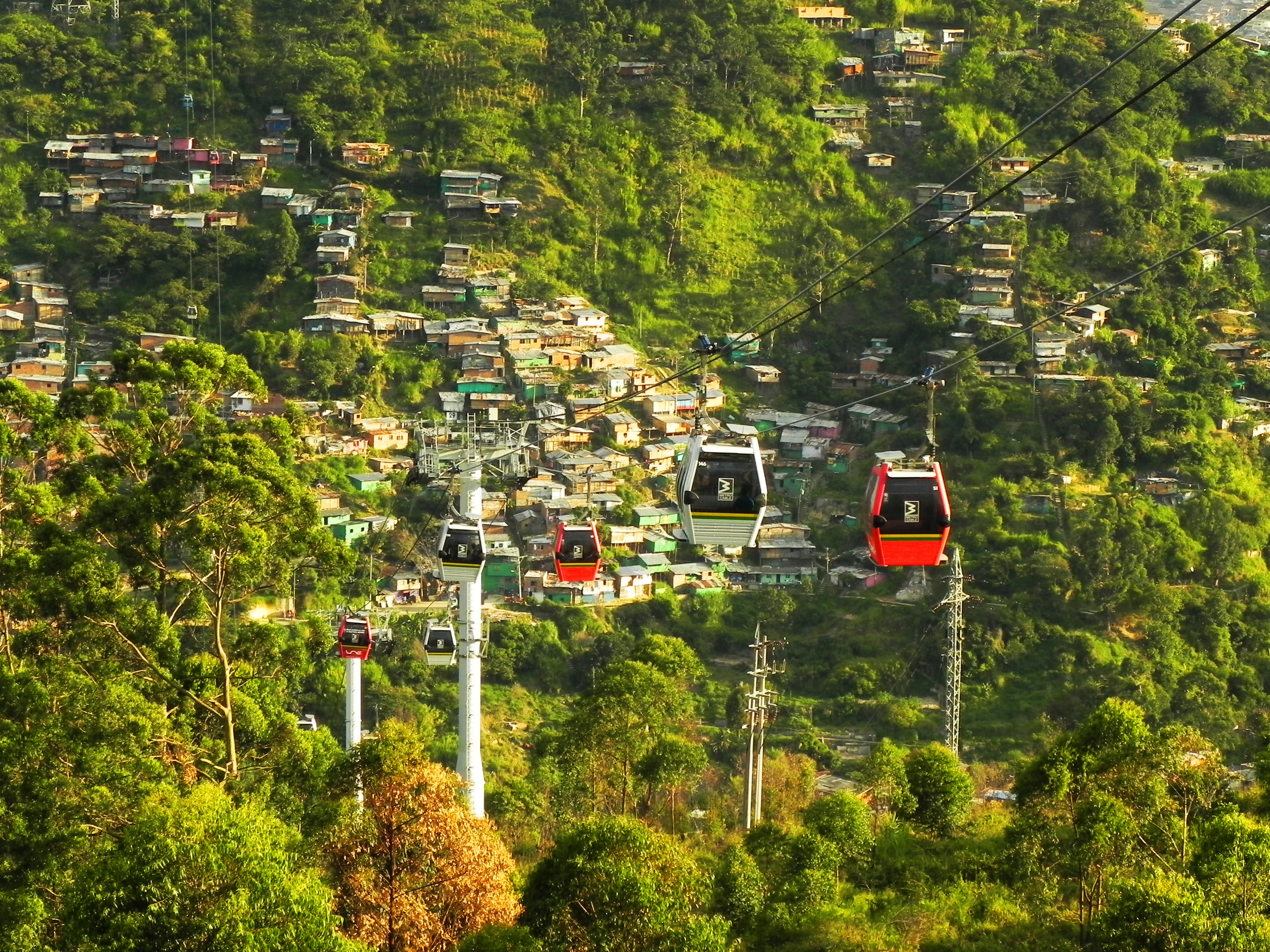 cable cart surrounded trees, medellin, colombia, slum, metrocable