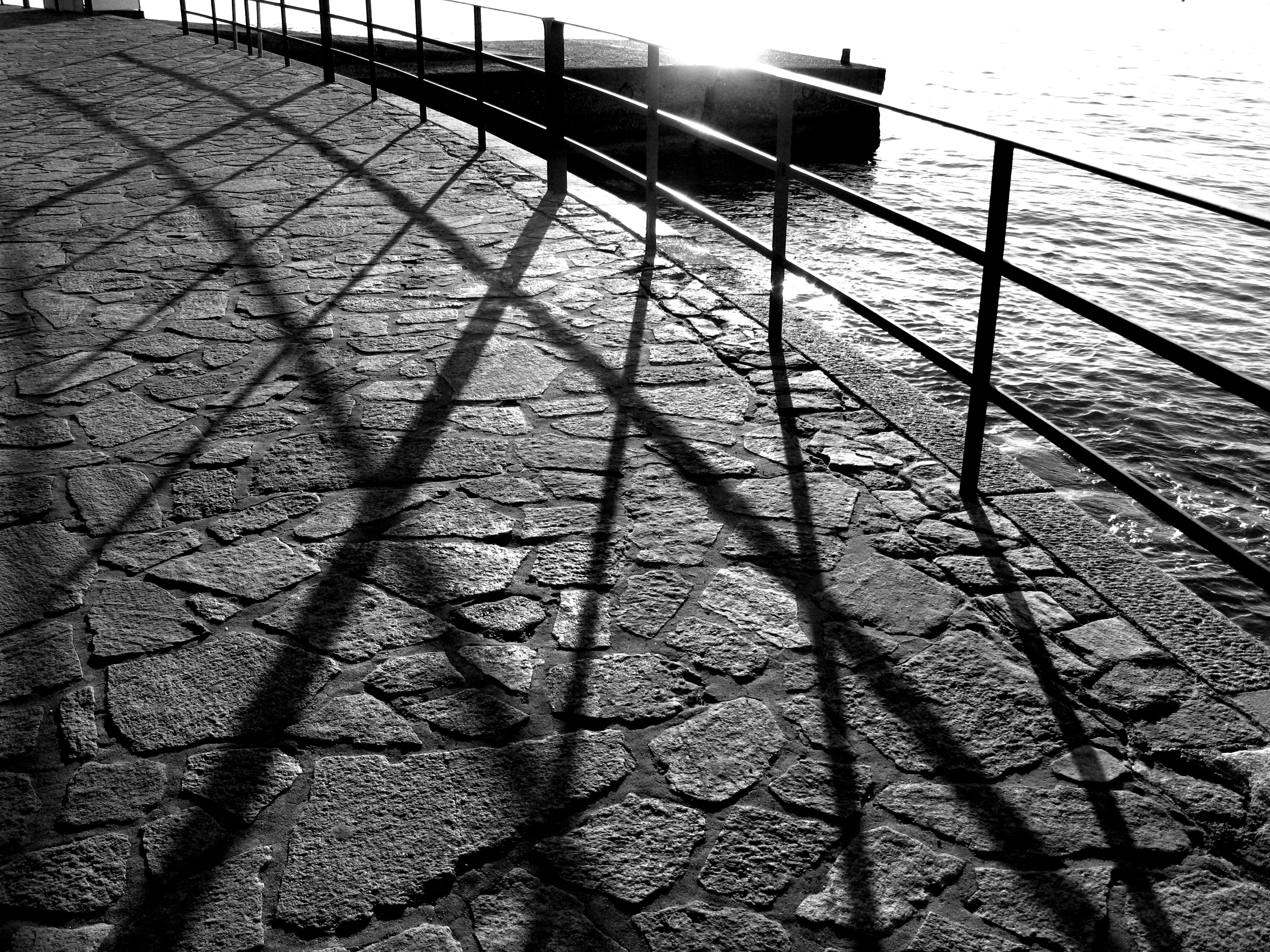 sea, sunset, water, pattern, black and white, outdoors, parallel