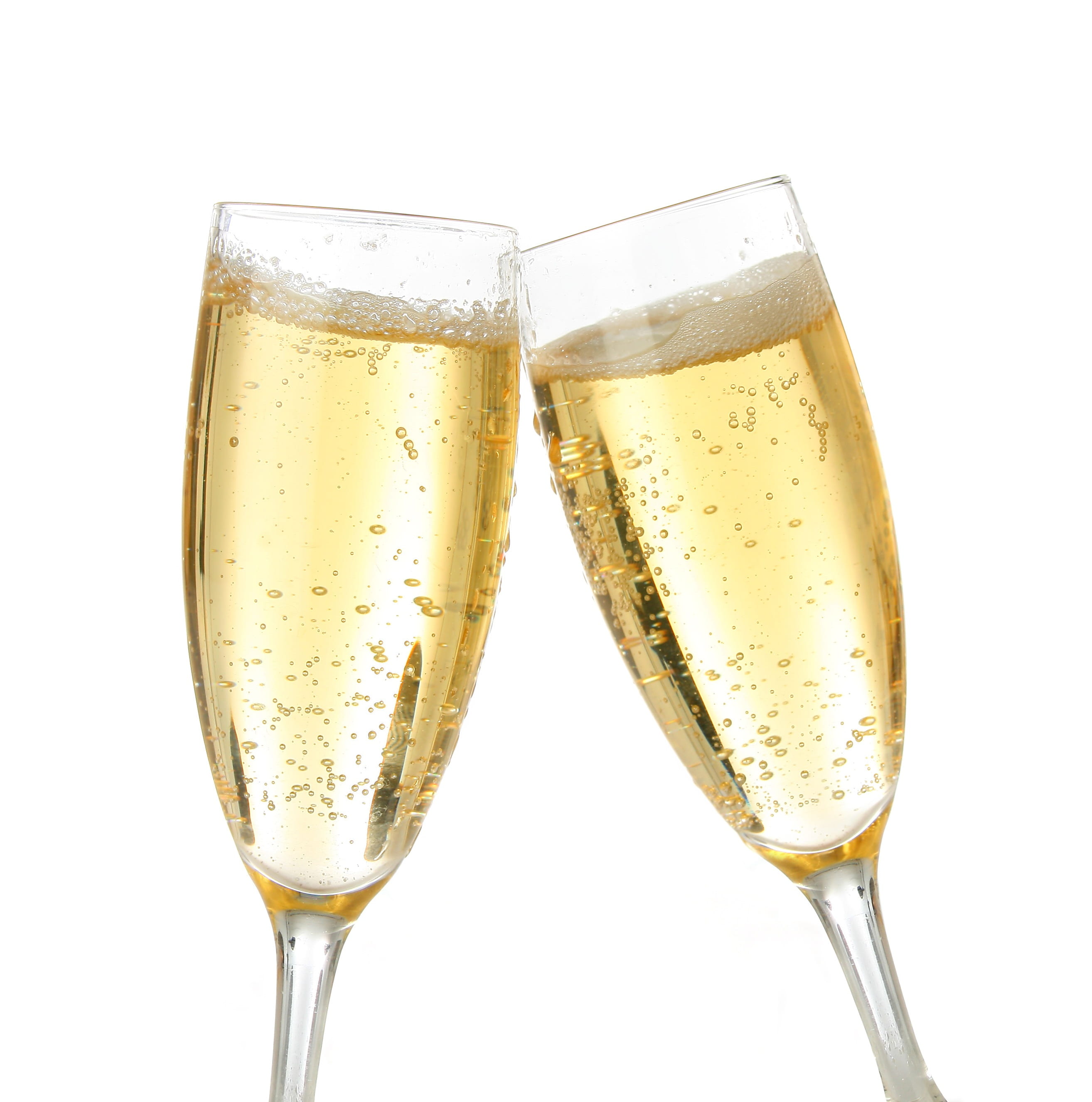 two clear champagne glasses with champagne, brindisi, white background