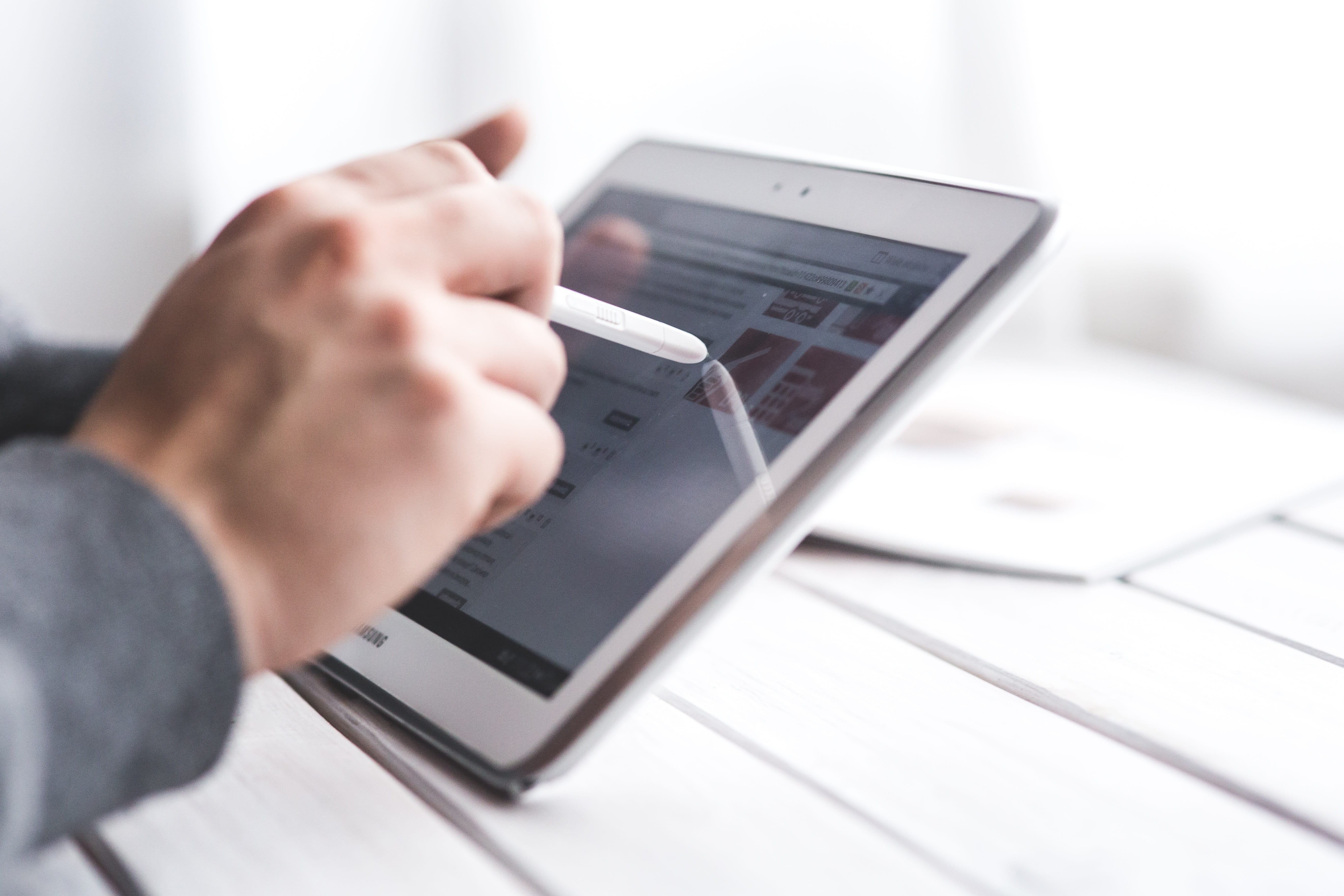 person using white tablet computer, digital, technology, device