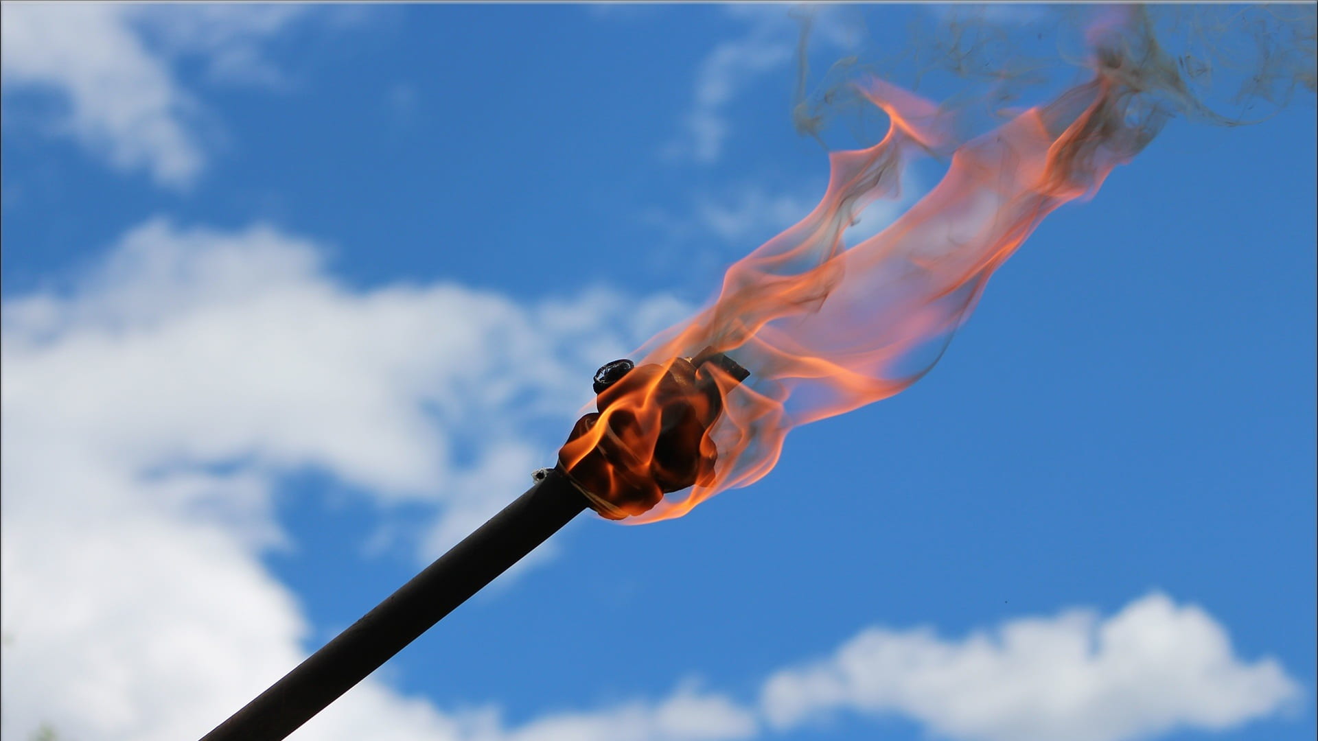torch, clouds, sky, burn, red, flame, fire, hell, oil, kindle