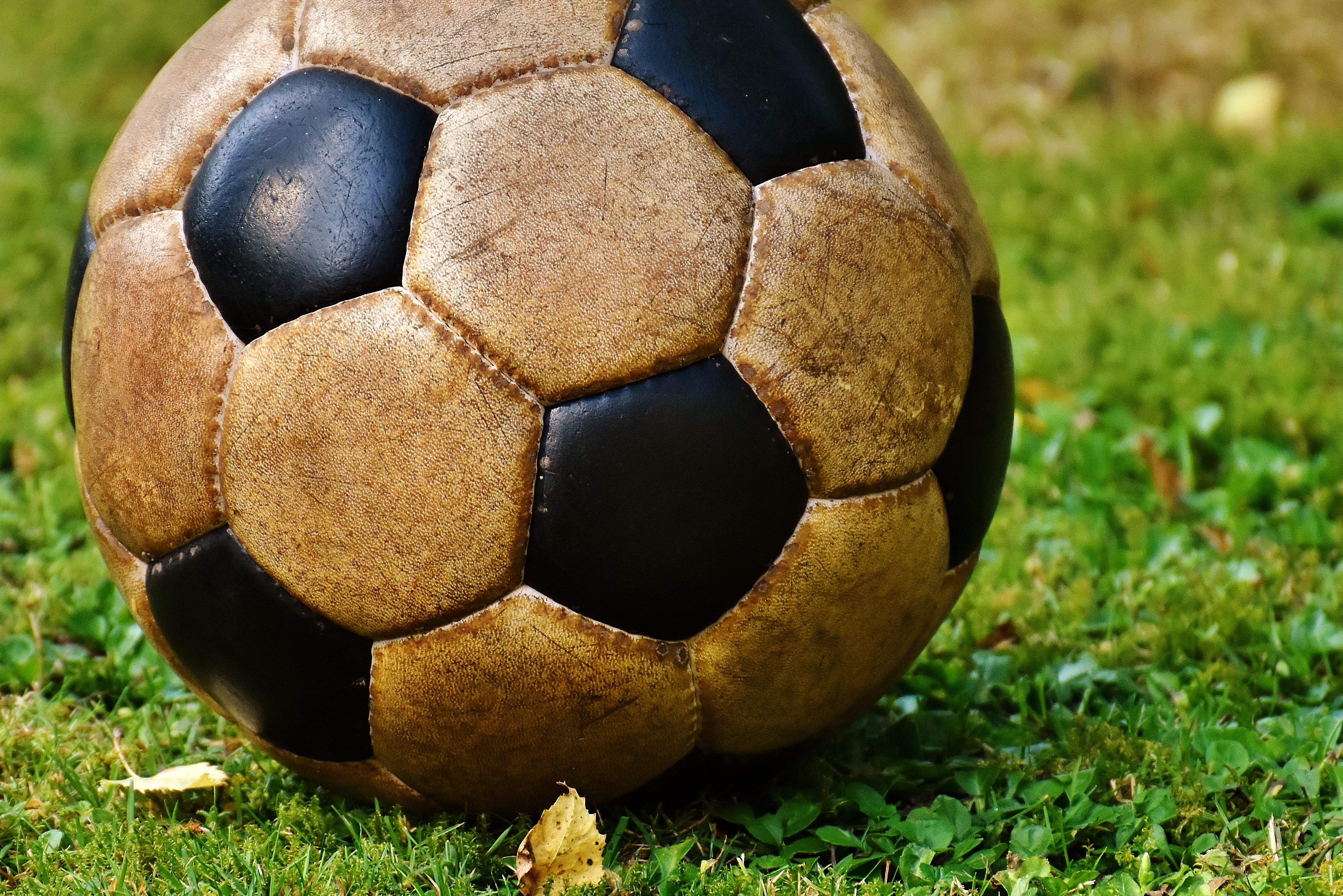 brown and black soccer ball on grassy land, Football, Ball, Sport