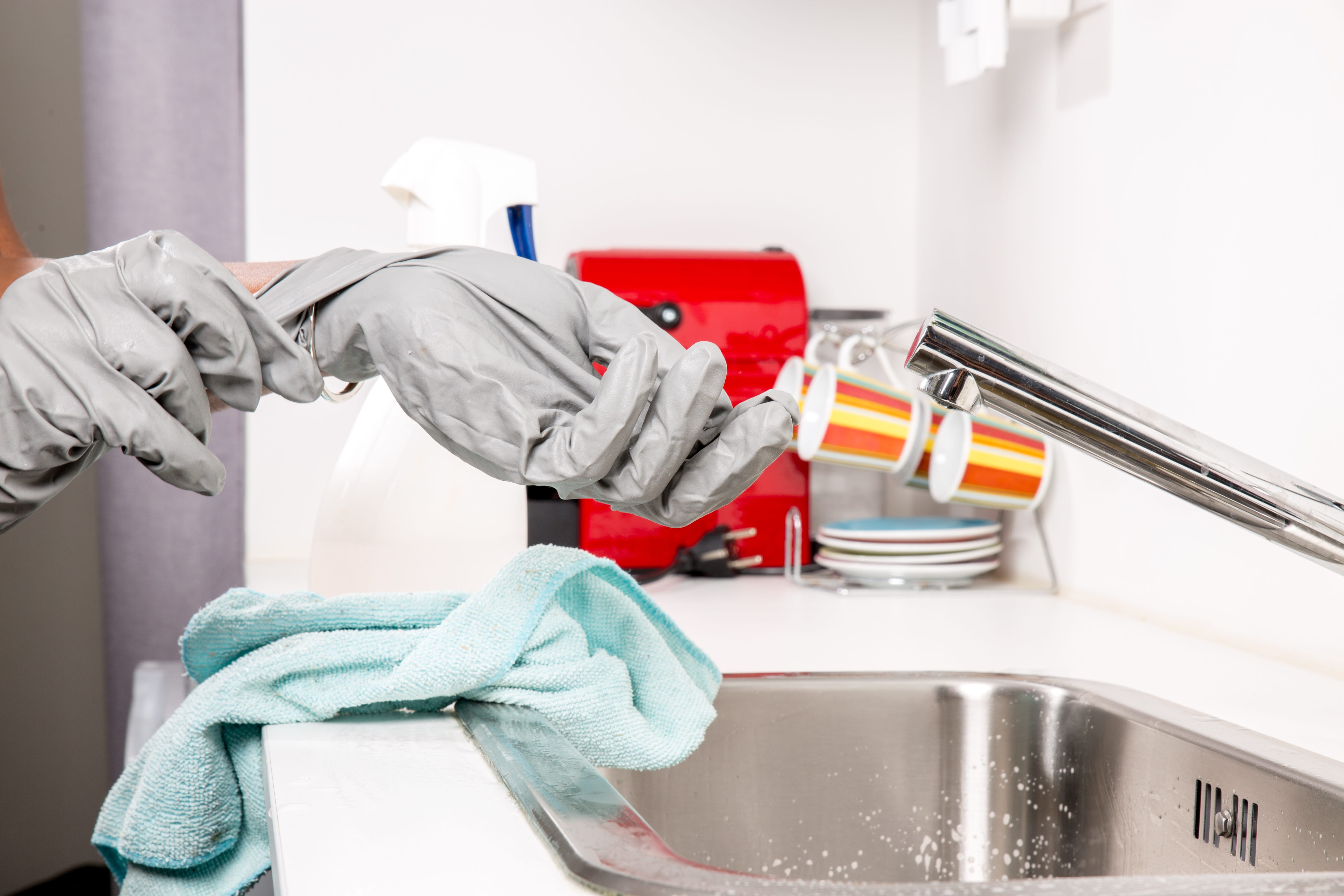person wearing gloves near stainless steel faucet, cleanliness