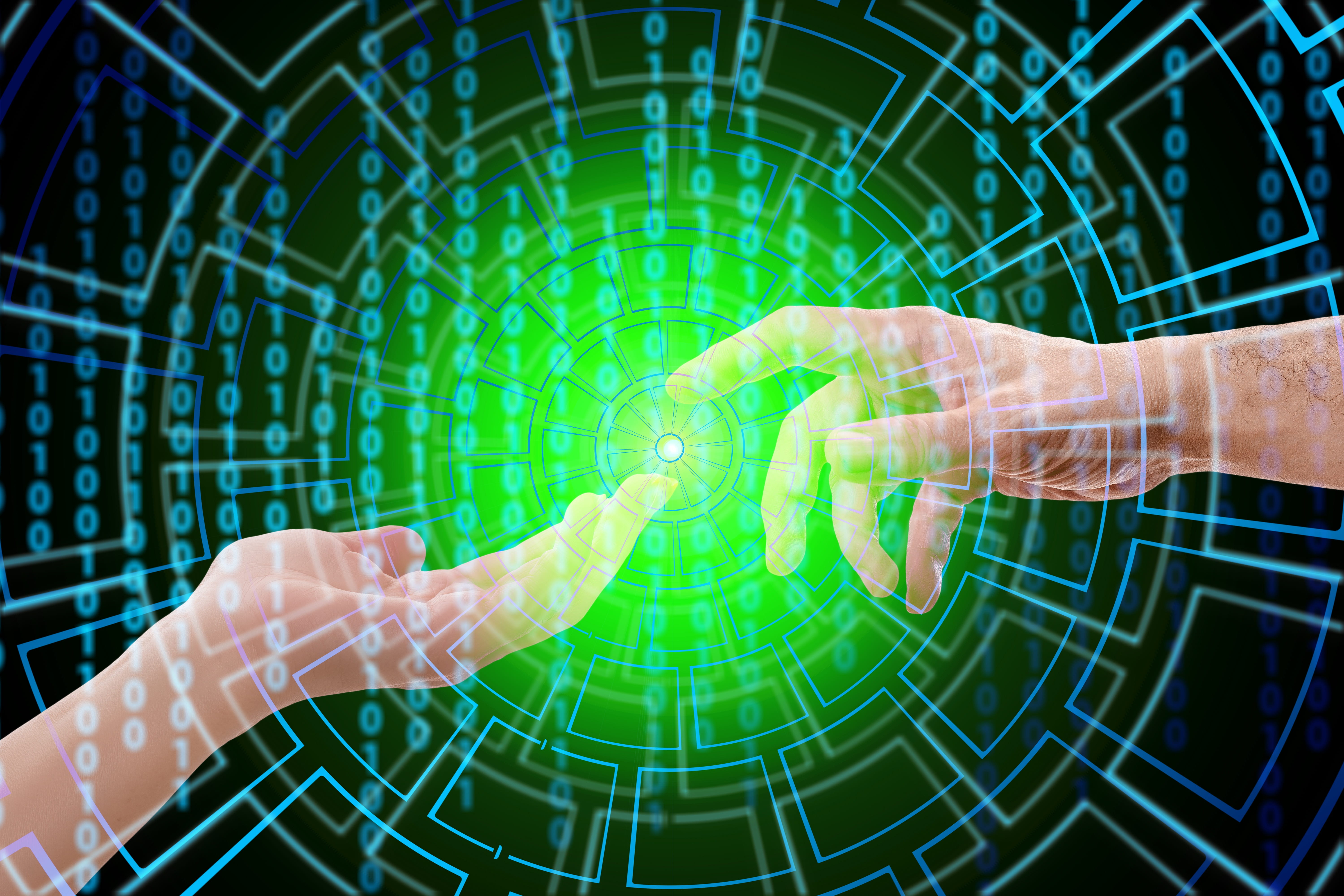 person's hand with matrix code, technology, developer, touch