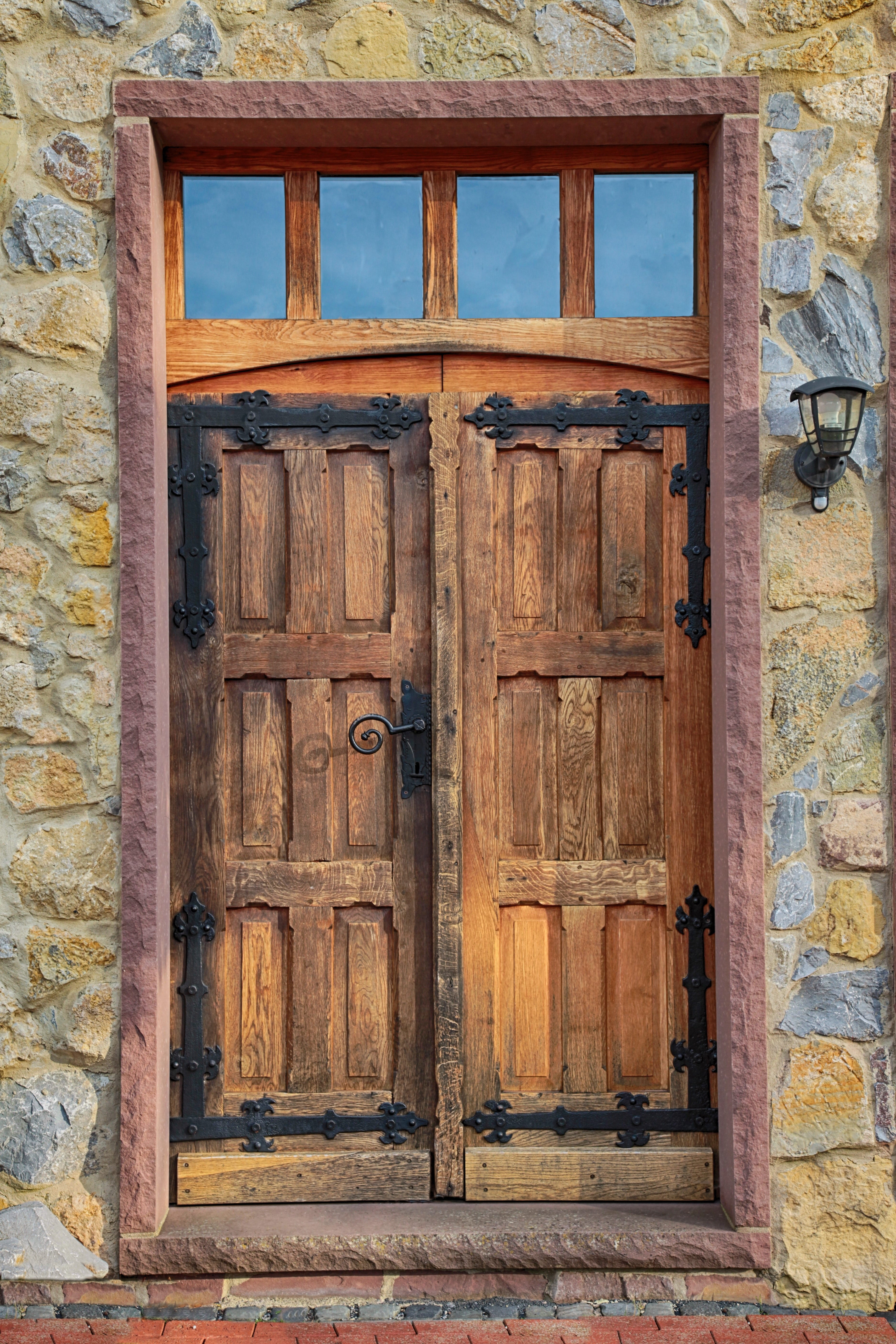 closed brown wooden door, oak, old, old door, input, ornament