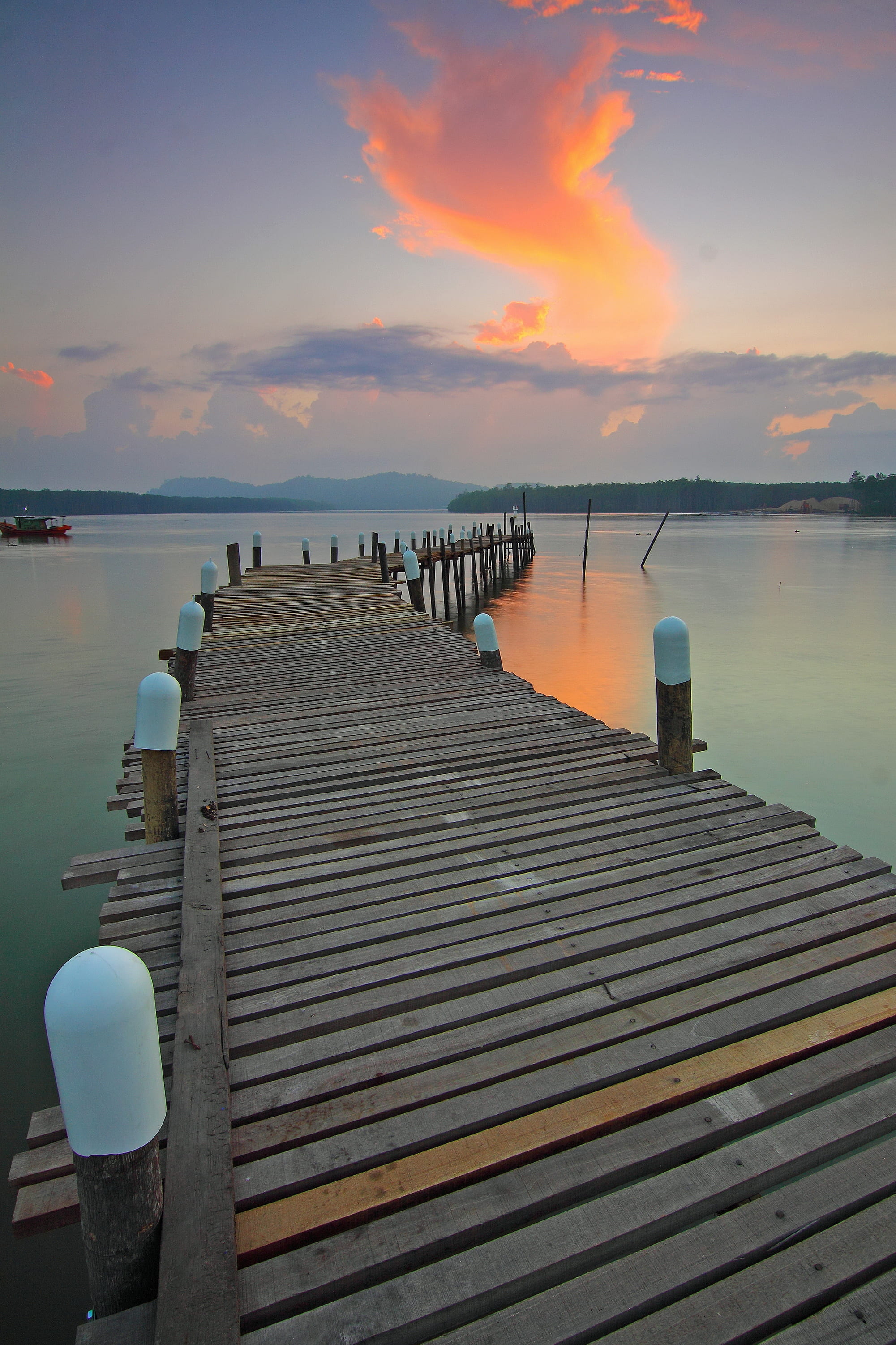 jetty, dawn, sunset, water, clouds, dock, lake, outdoors, reflection
