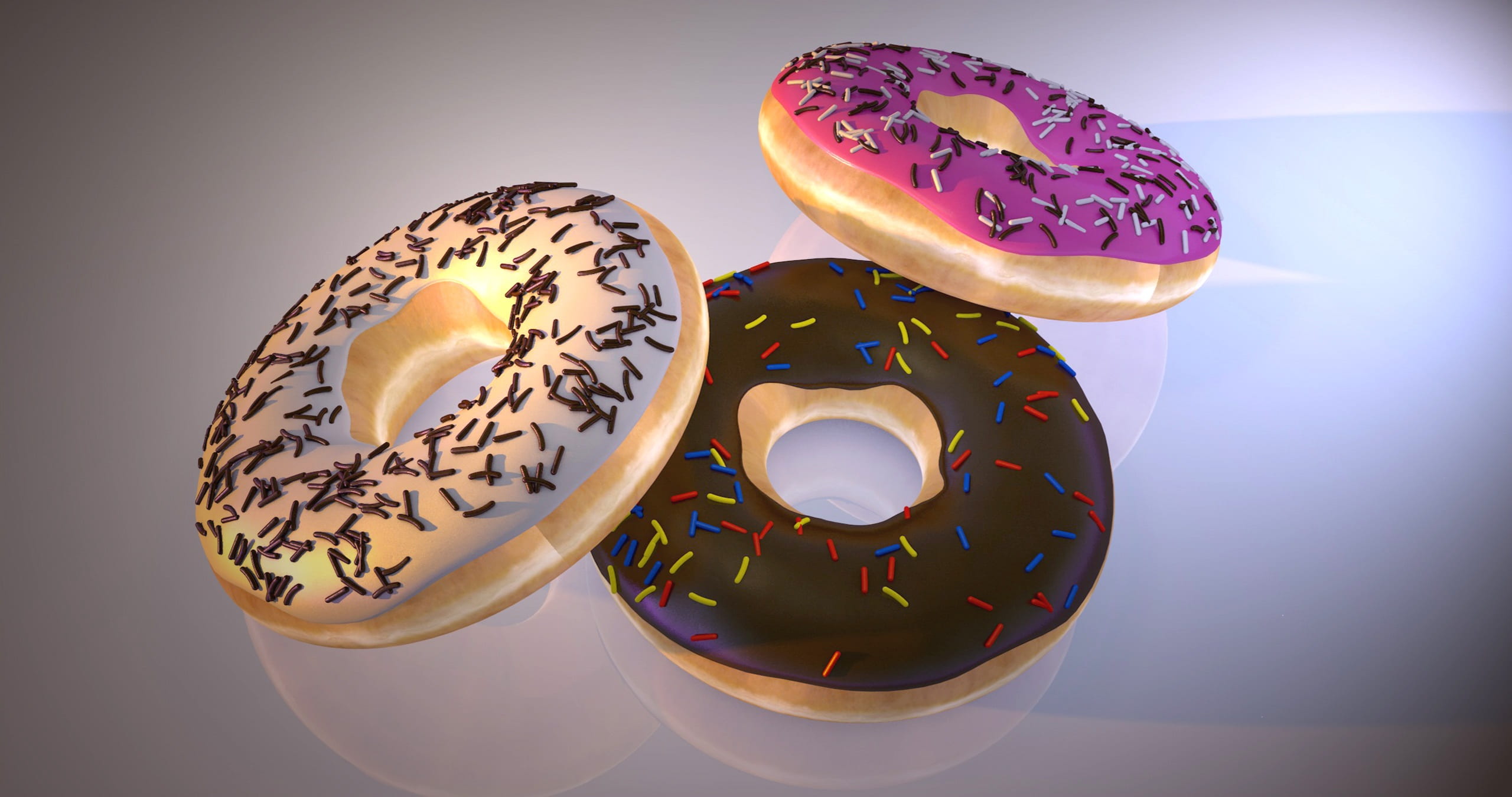 three doughnuts with icing and sprinkles, donuts, refreshment
