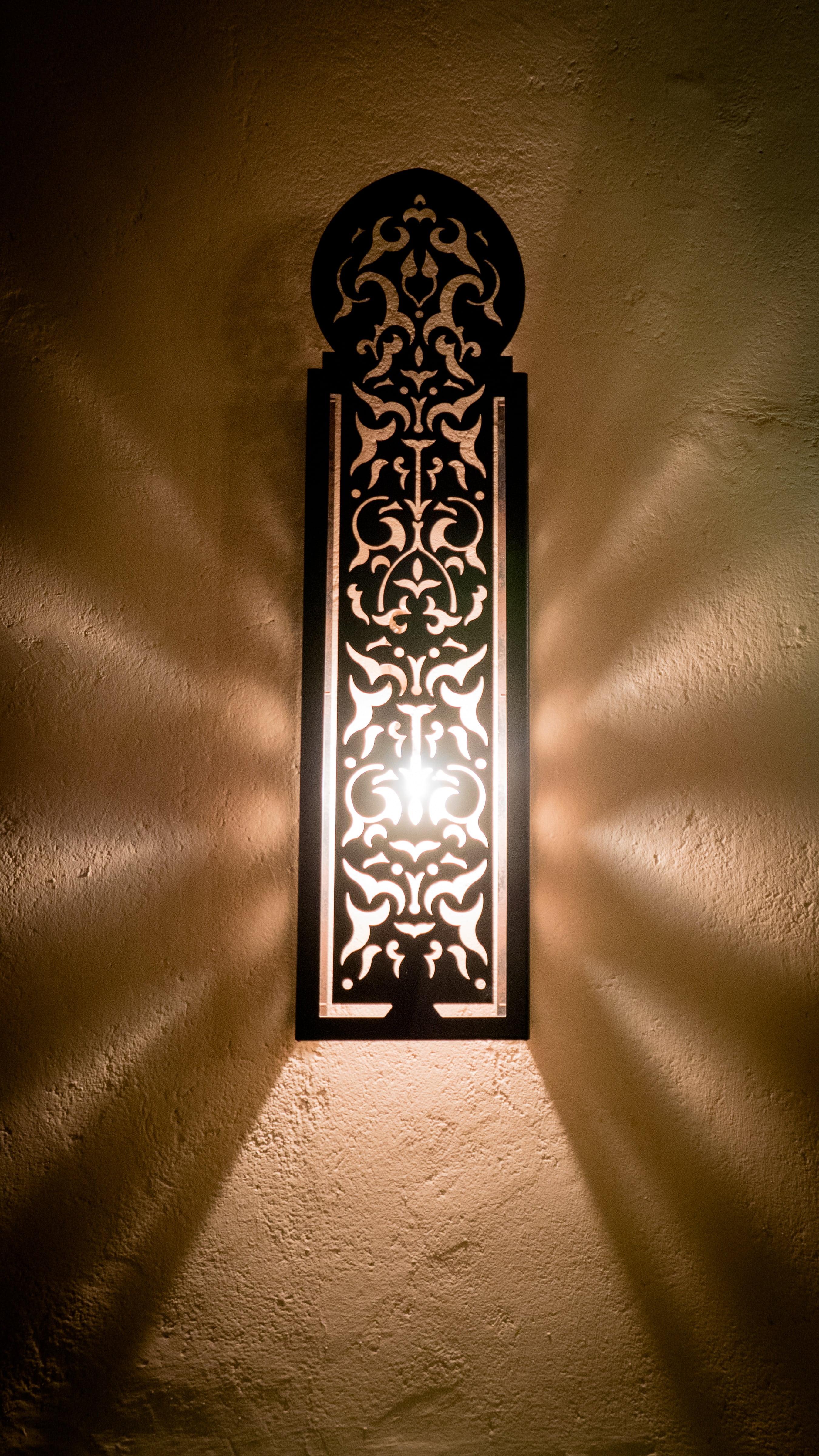 black wooden framed wall light, light beam, oriental, pattern