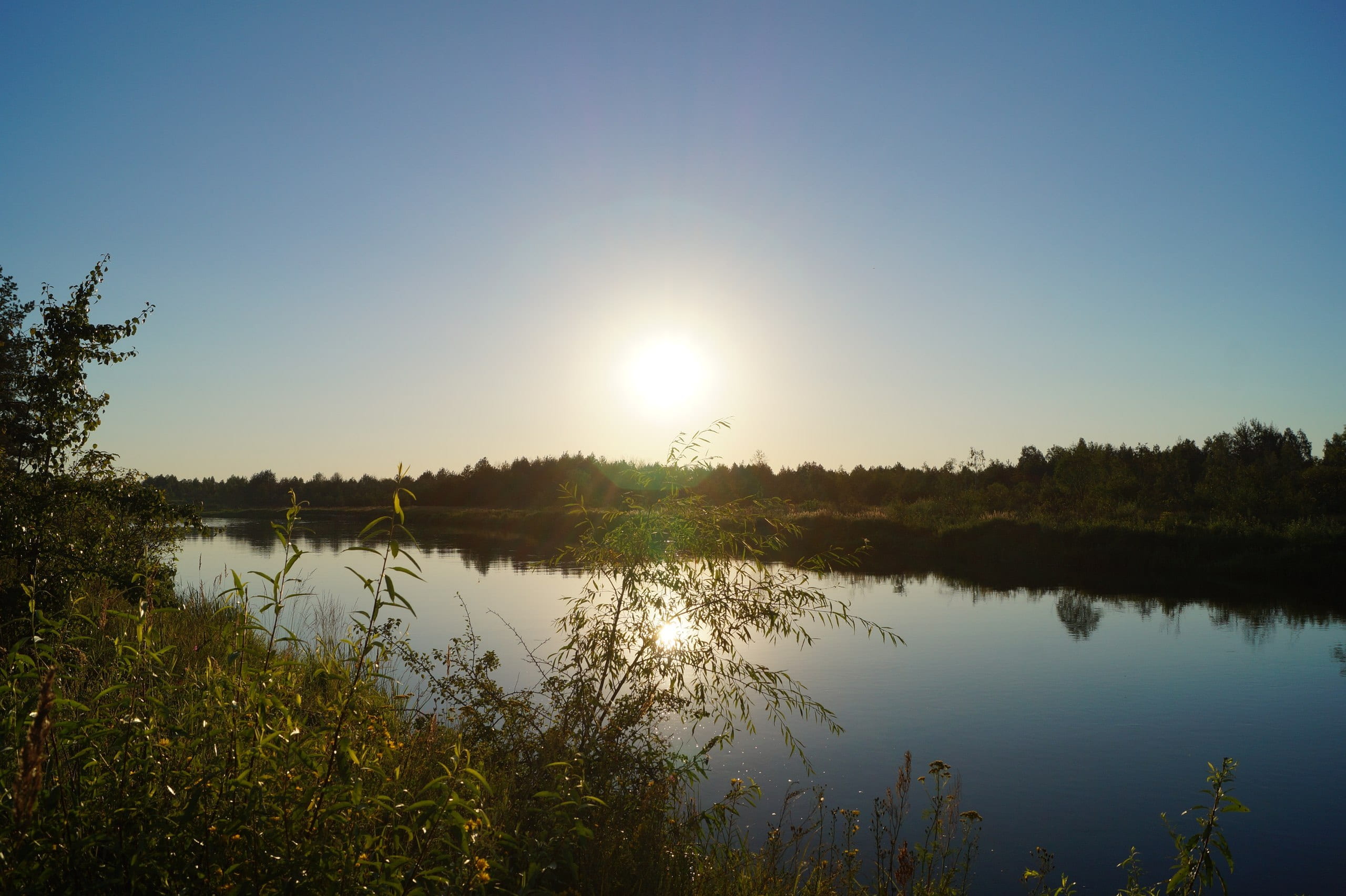 evening, sunset, river, reflection, evening shore, horizon