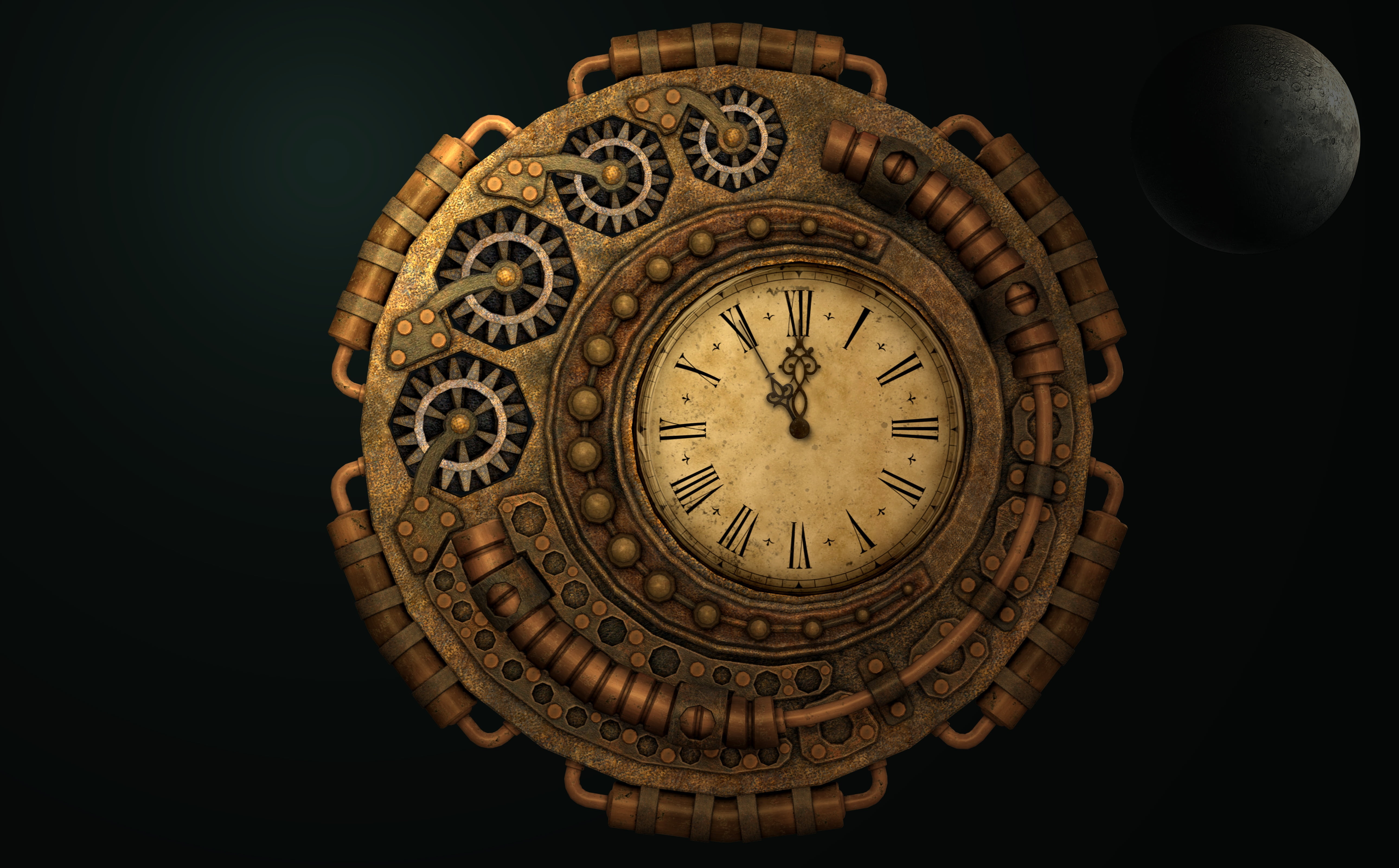 roman numerical clock at 11:55, time, moondial, time machine