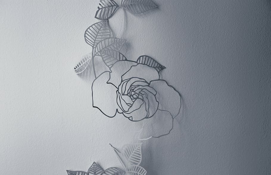 gray metal flower decor, photo, rose, wire, wall, white, decoration HD wallpaper