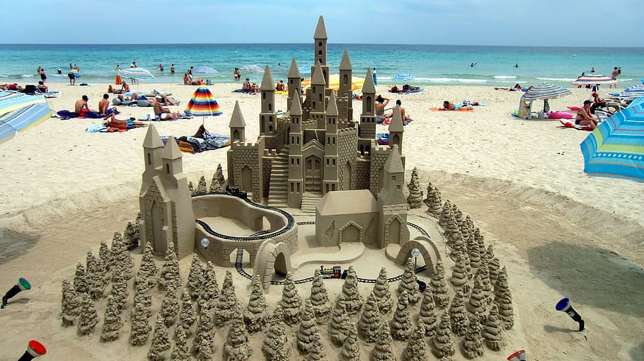 sand castle near beach, mallorca, sandburg, holiday, summer, sun, HD wallpaper