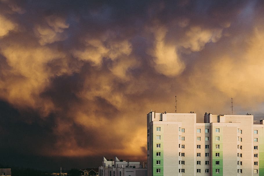 blocks, cityscape, dusk, skyline, sunset, light, clouds, gdansk HD wallpaper
