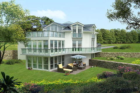 white 3-storey modern house on green field, single family home HD wallpaper