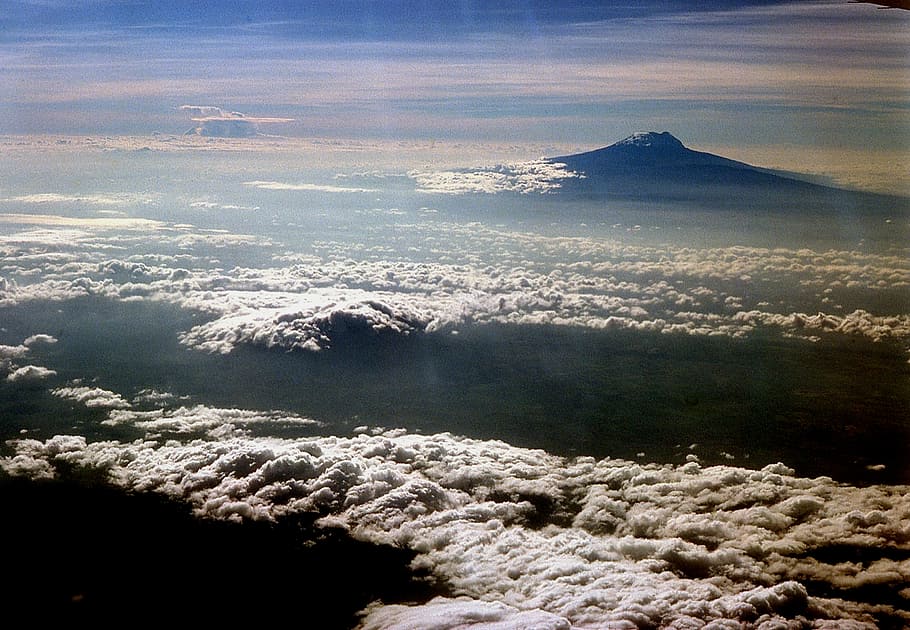 aerial photography of white clouds, black and brown mountain HD wallpaper